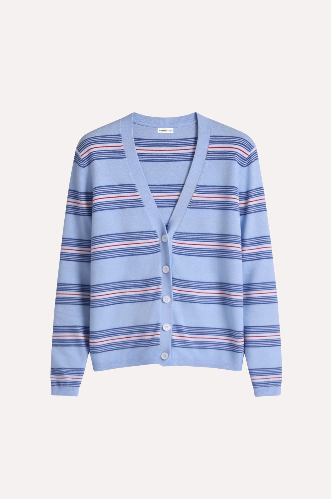 Minnie Rose Cotton Cashmere Striped V-Neck Cardigan - Sky Blue Combo