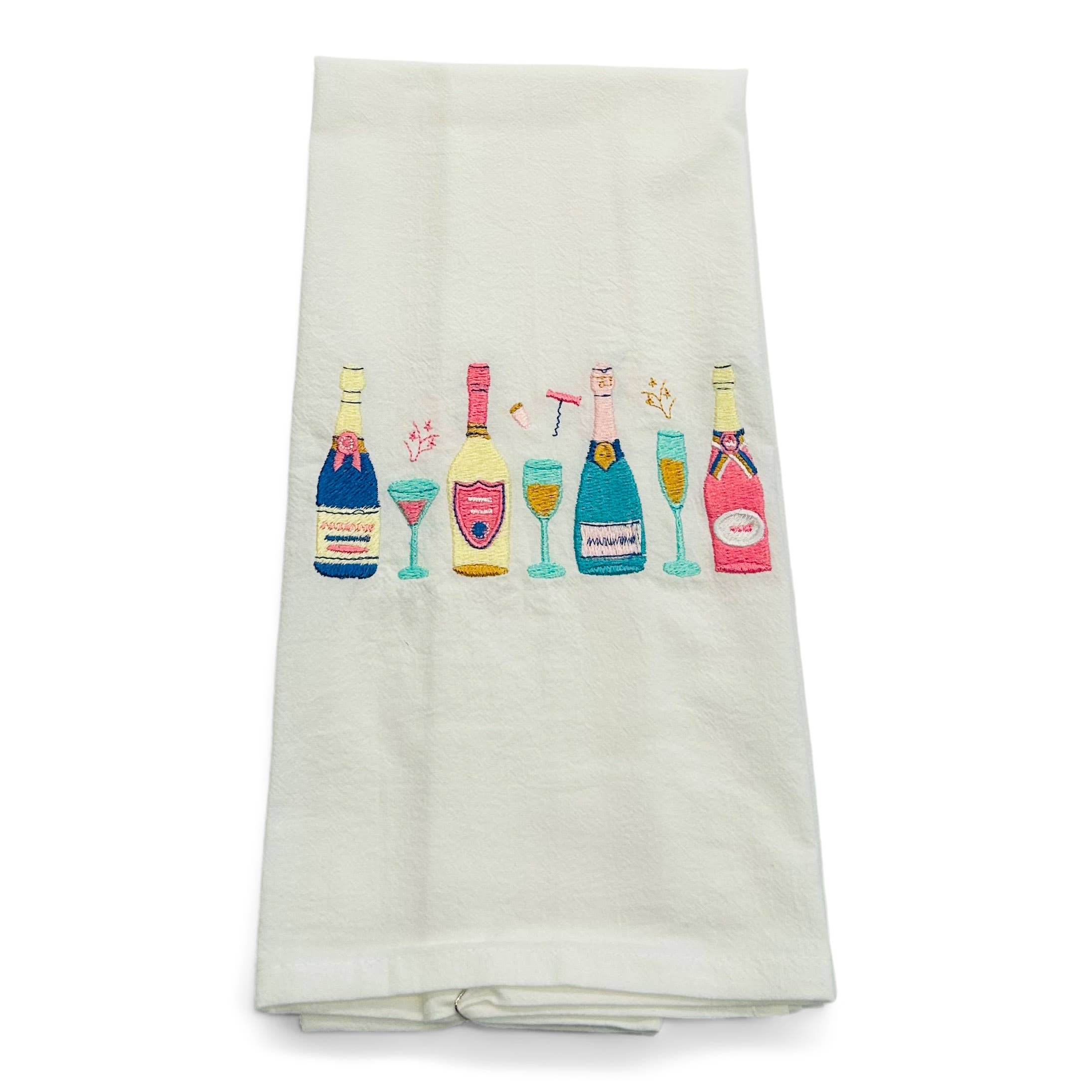 Vibrantly Blue Tea Towel - Row of Champagne Bottles