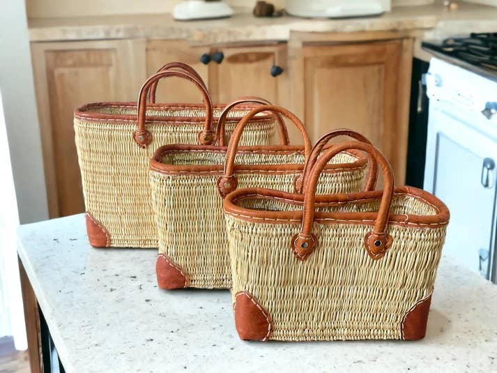 French Market Bags Reed Basket With Leather Handles