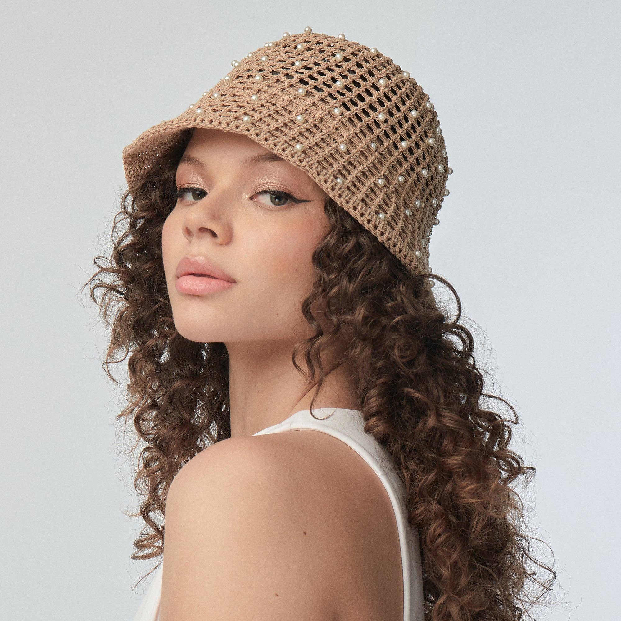 Lele Sadoughi Natural Open Weave Pearl Bucket Hat