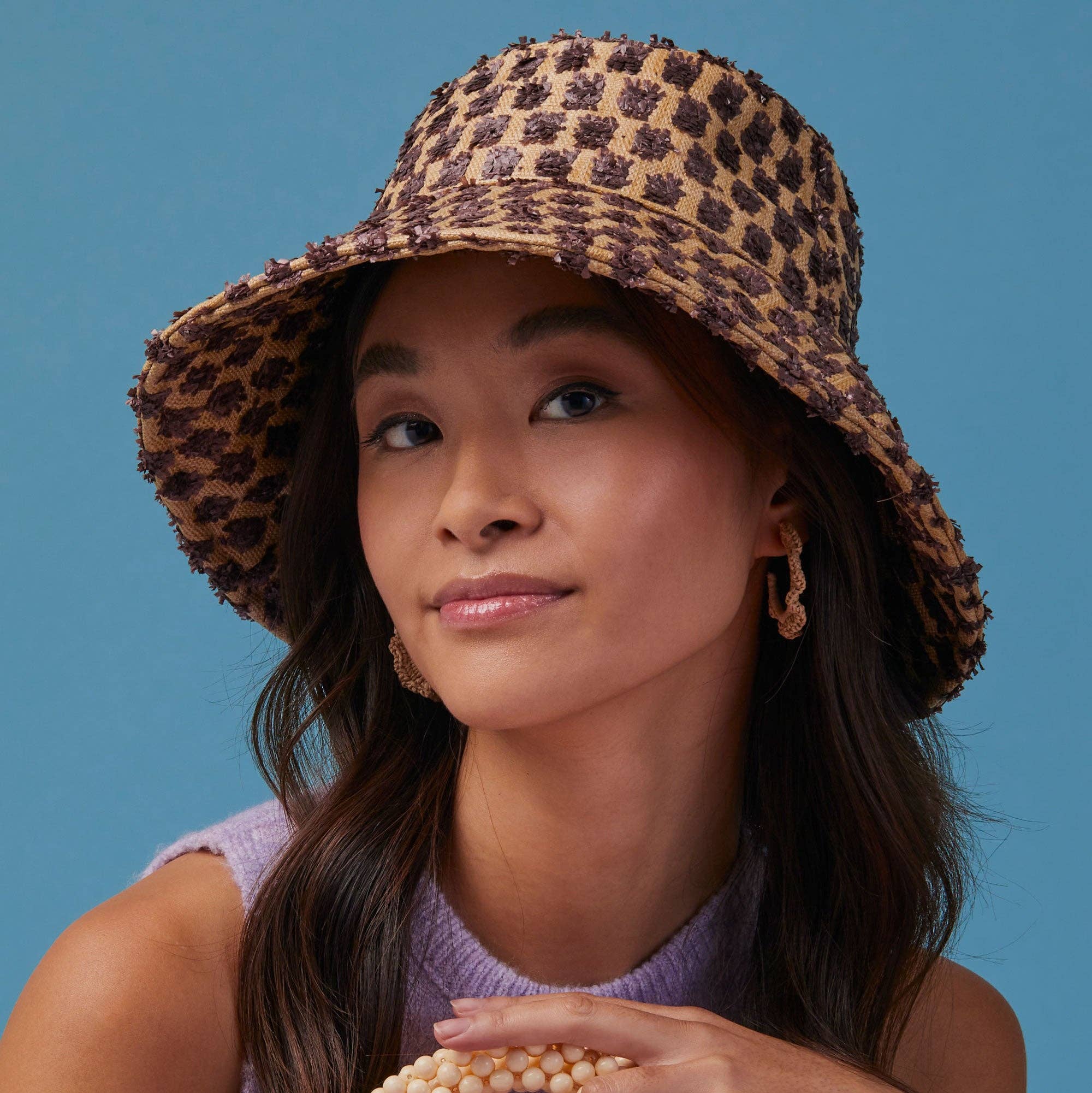 Lele Sadoughi Chocolate Dotted Raffia Long Brim Bucket