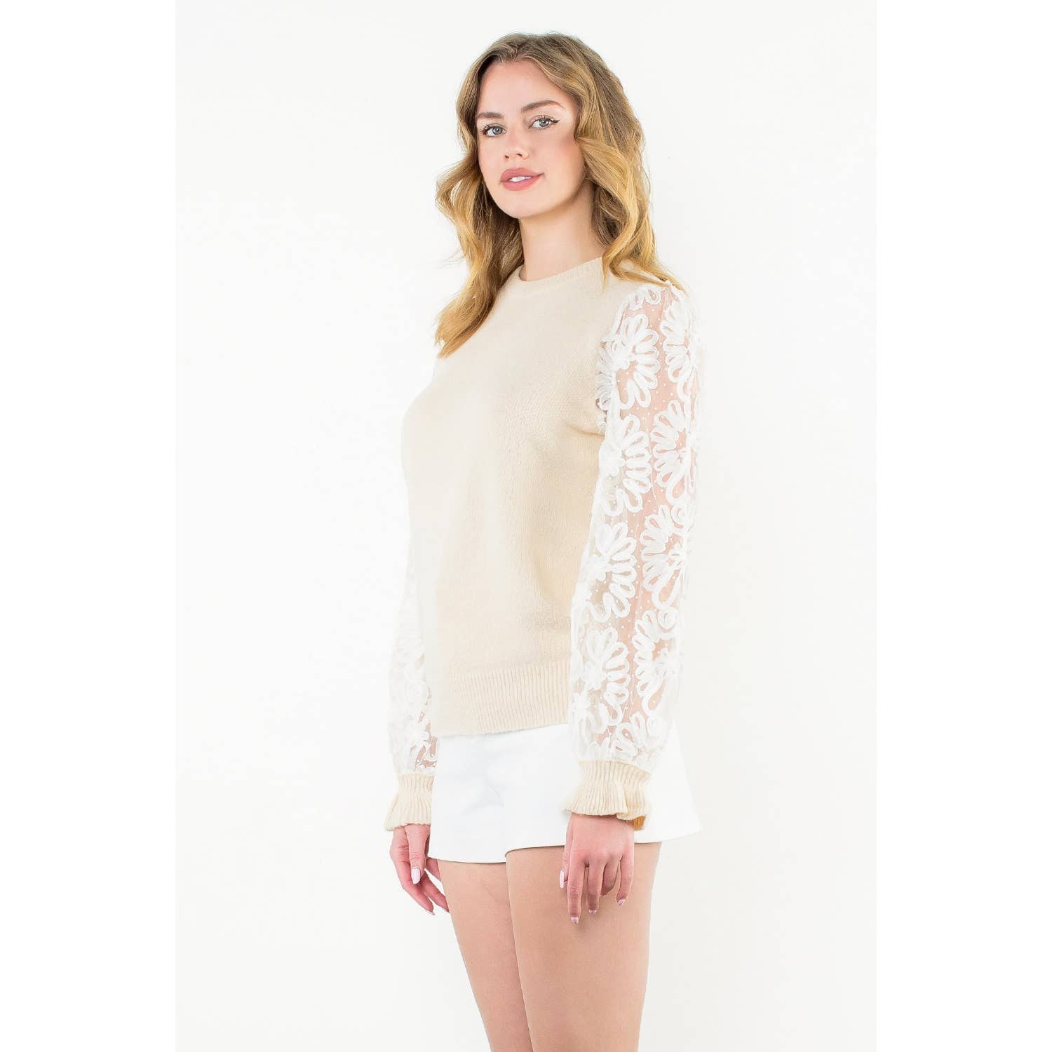 THML Floral Mesh Sleeve Knit Top