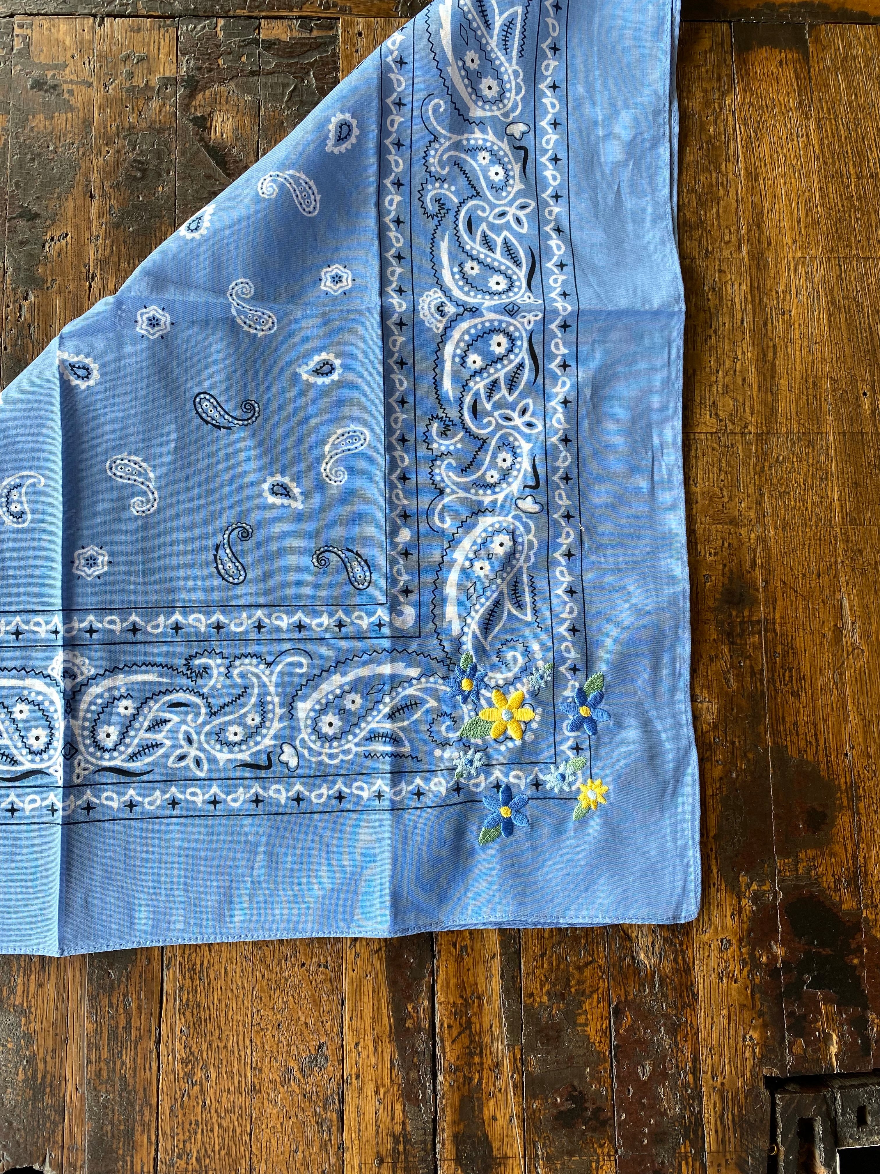 Little Lamb Embroidered Blue and Yellow Flower Bandana