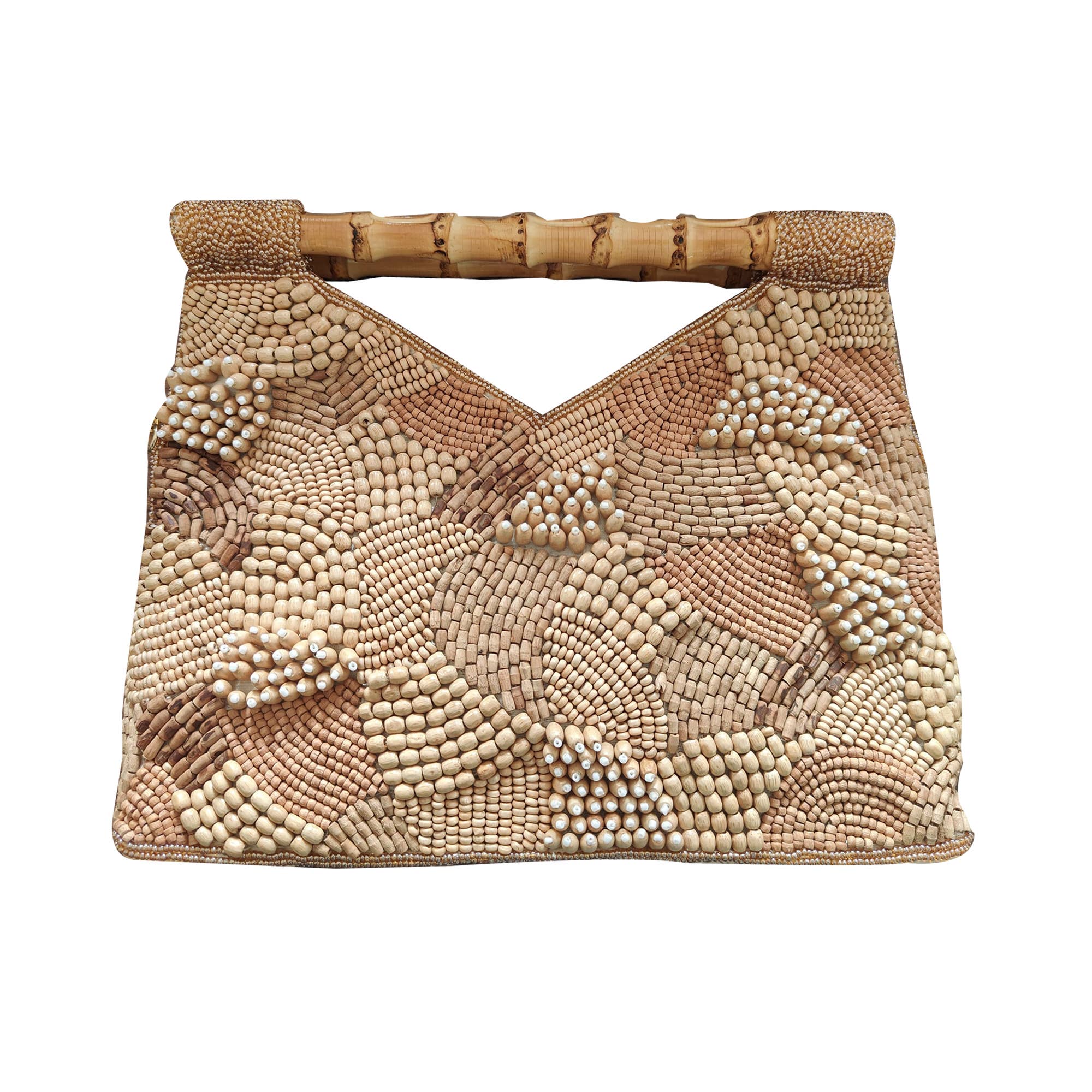 Natural wooden beads bamboo handle clutch