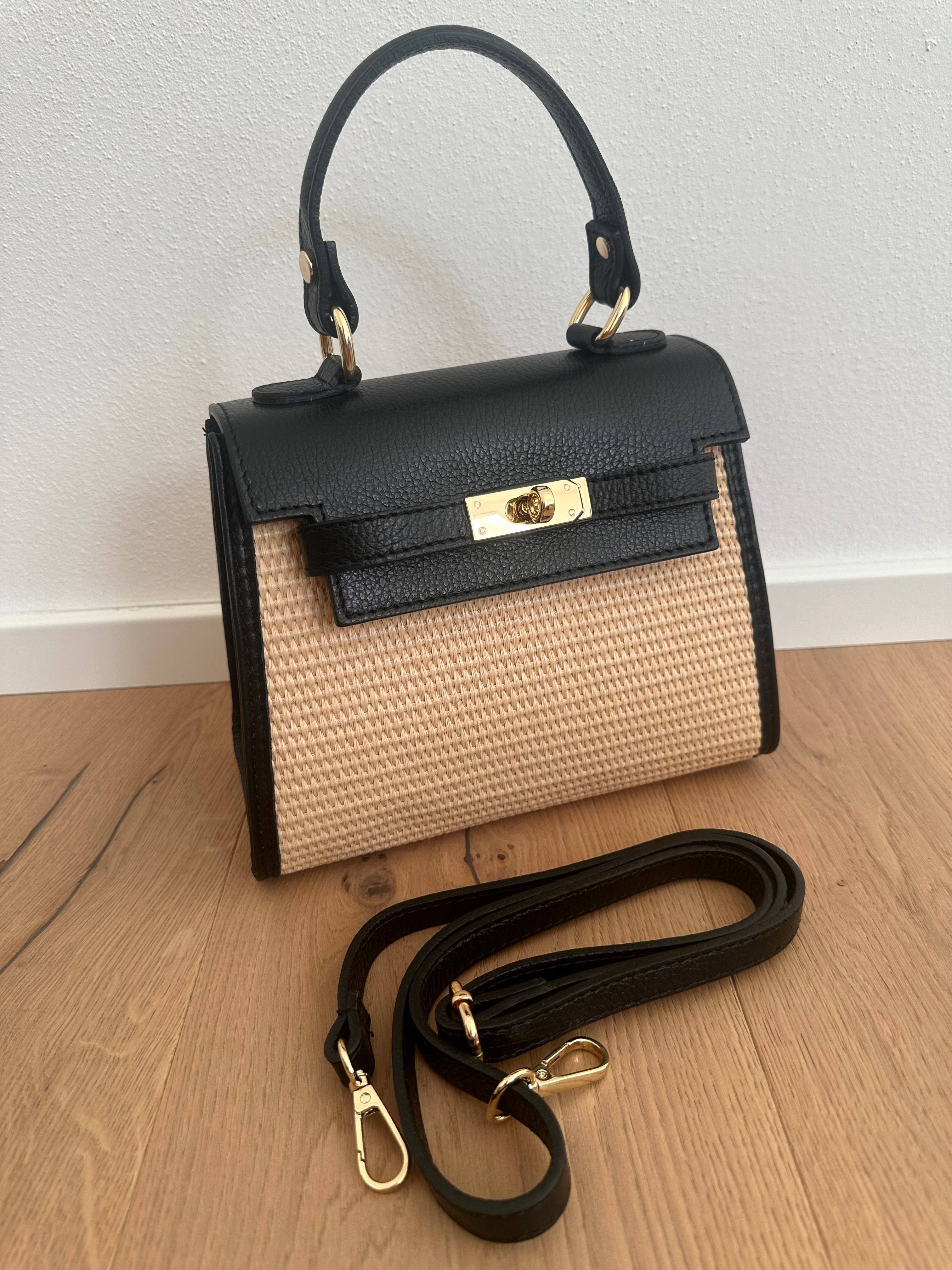 Italian Leather Collection Raffia + Leather Top Handle Bag