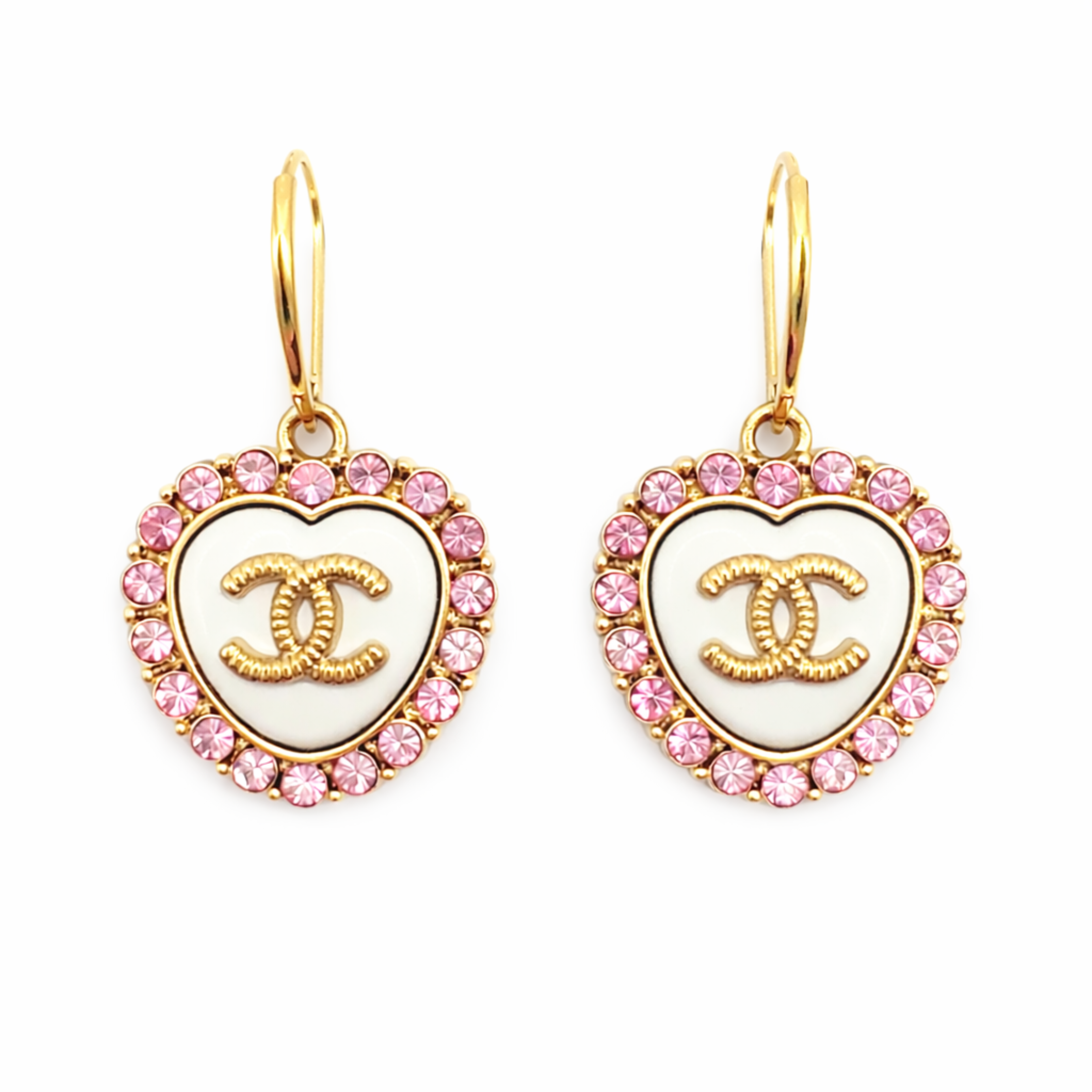 Luxury Upcycled Double "C" Heart with Pink Crystals Earring 1302