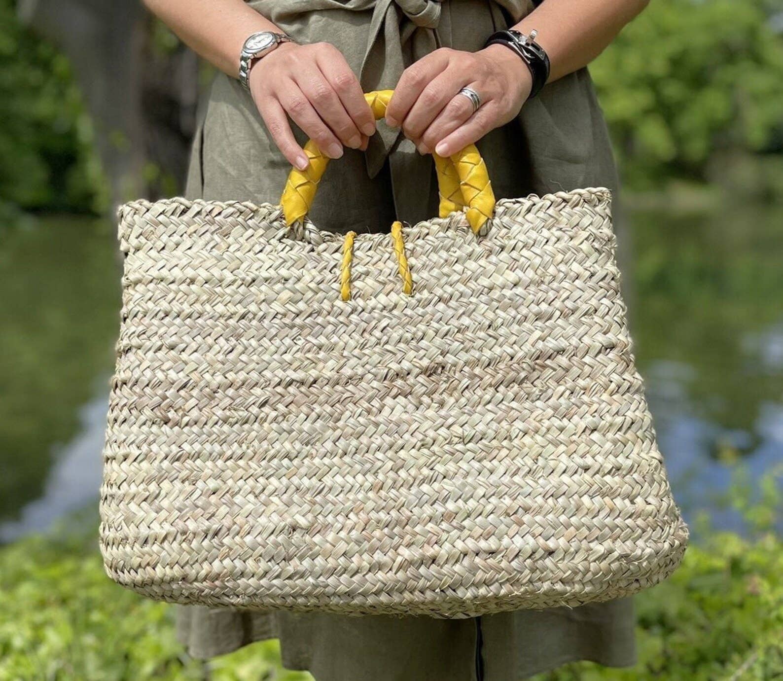 French Market Bags Straw Tote Bag with Leather Straps