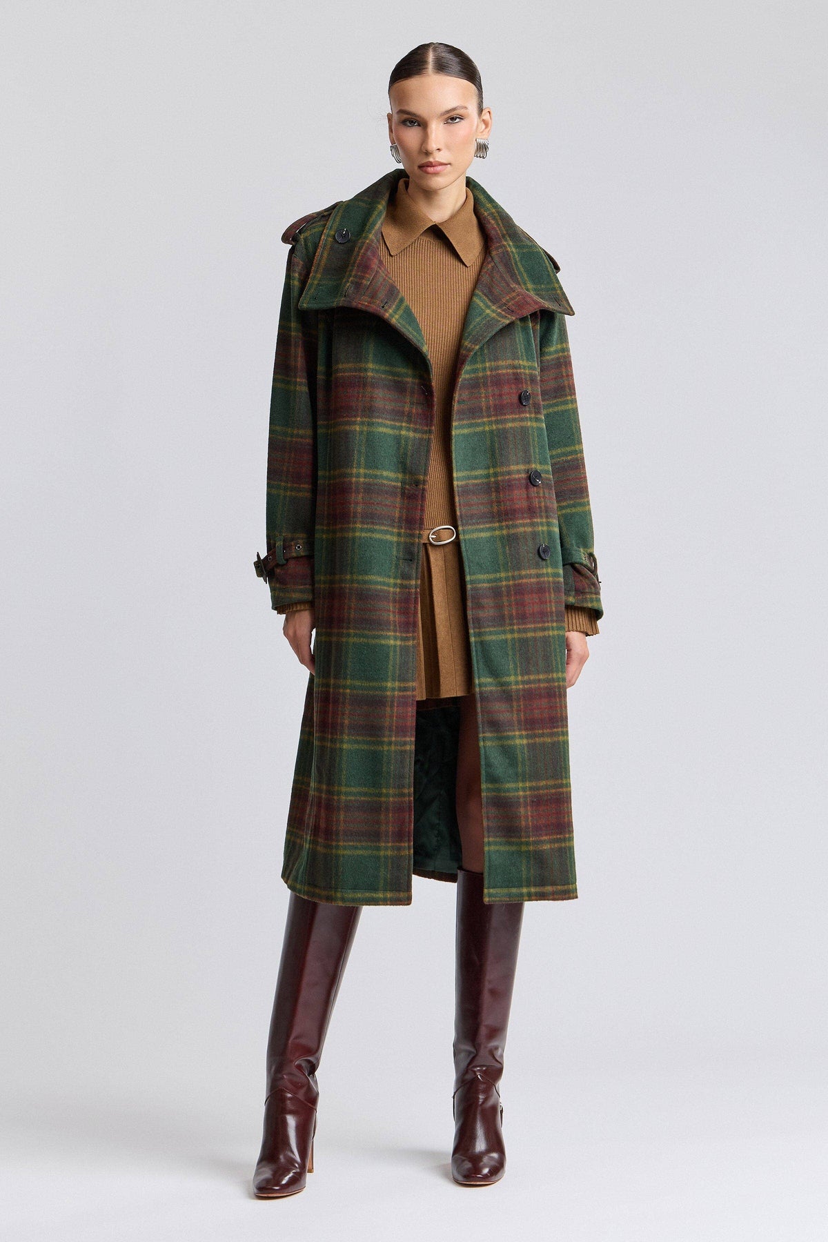 Avec Les Filles Plaid Faux Wool Utility Trench Coat 86476