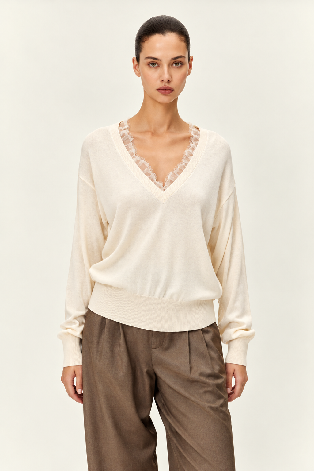 Elodie the Label Rowan Lace Trim V-Neck Sweater