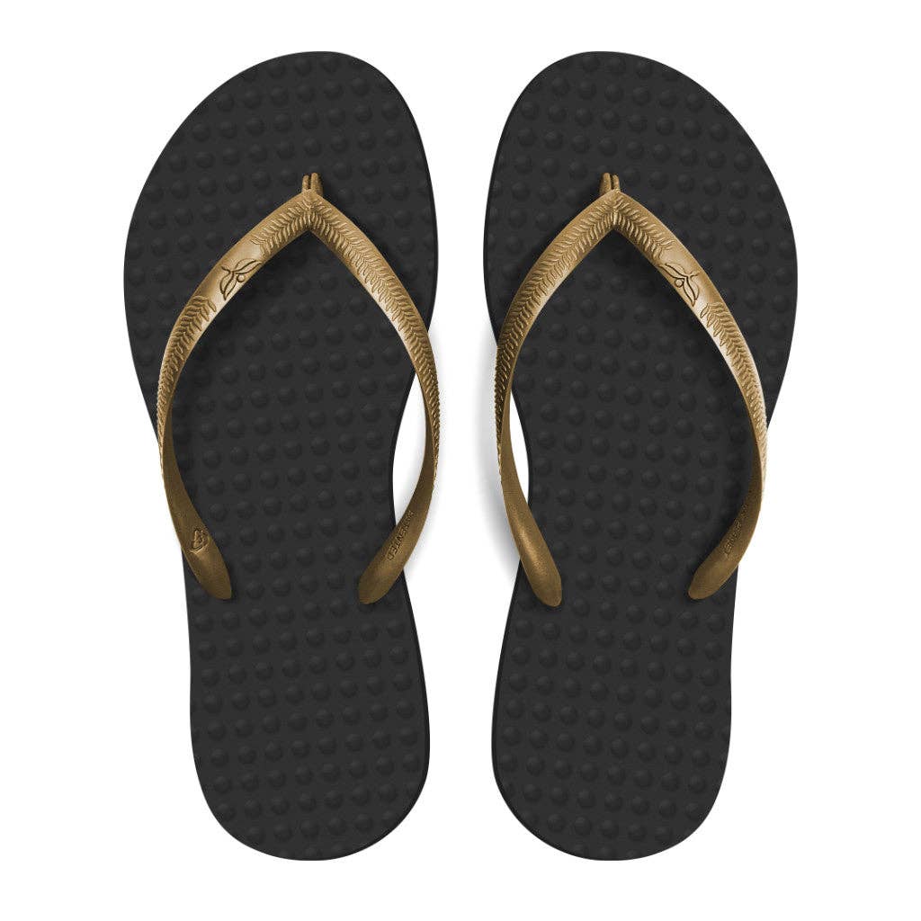 Green Sustainable Flip Flops Recycled Black with Golden Straps