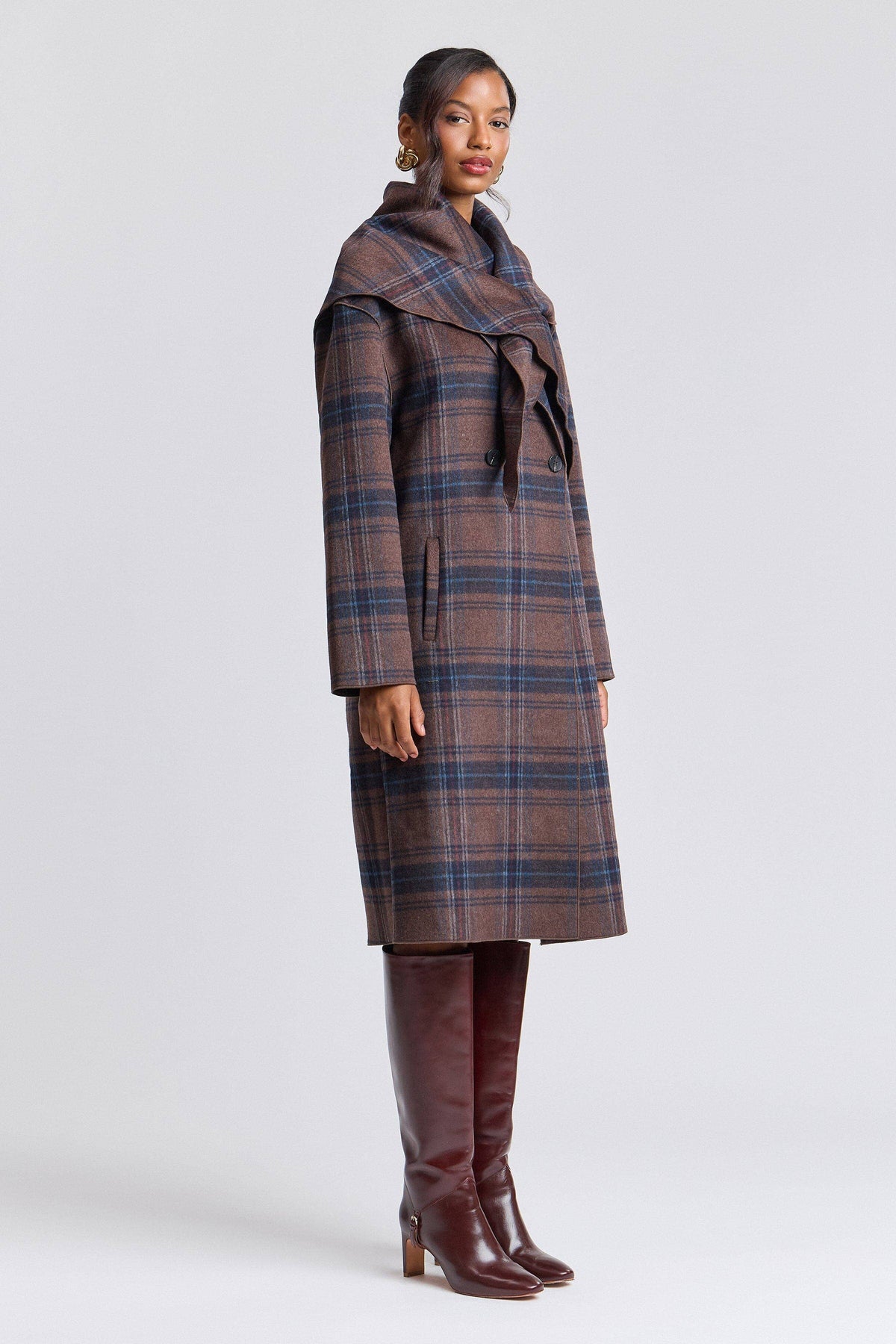 Avec Les Filles Plaid Wool Blend Scarf Trim Coat 86541