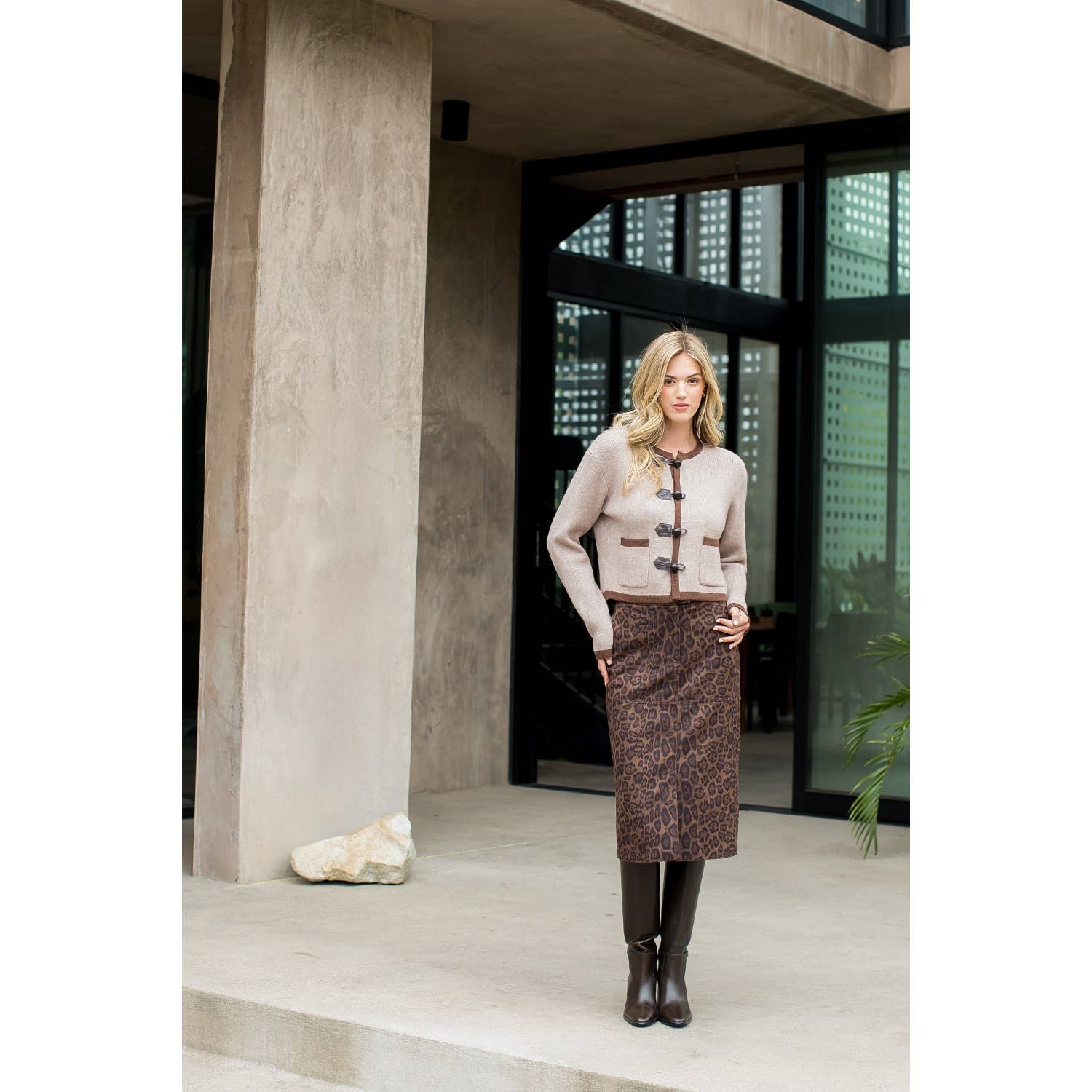 THML Leopard Print Suede Midi Skirt THS1805