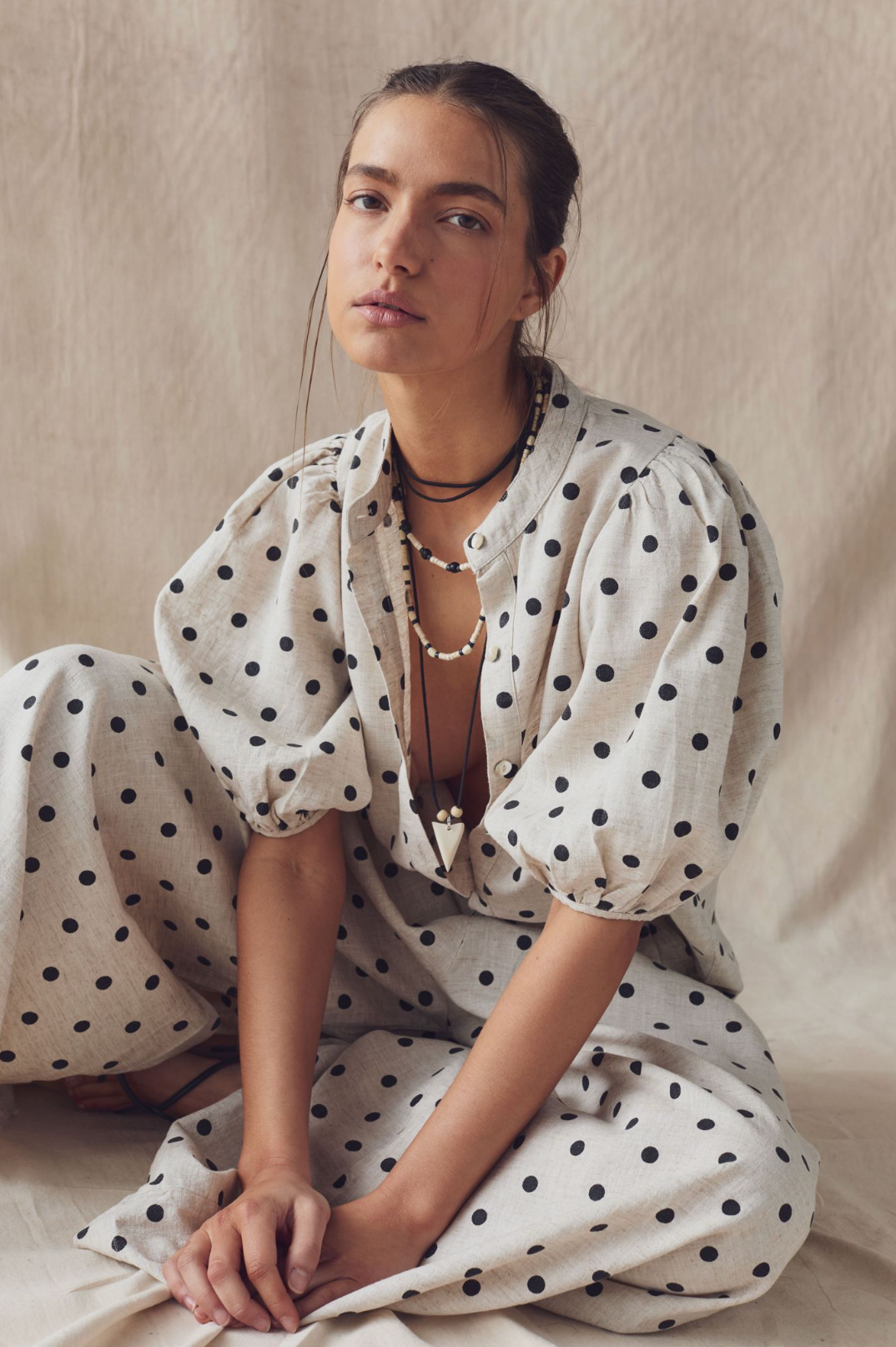 Lanhtropy Bubble Linen Shirt - Natural and Black Polka Dots