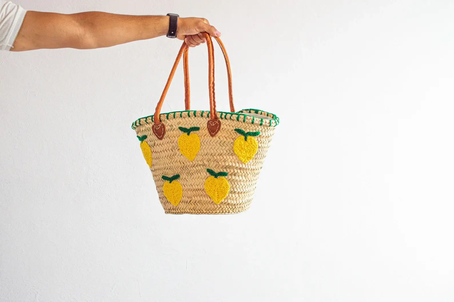 French Market Bags Basket With Lemon Embroidery and Leather Handles