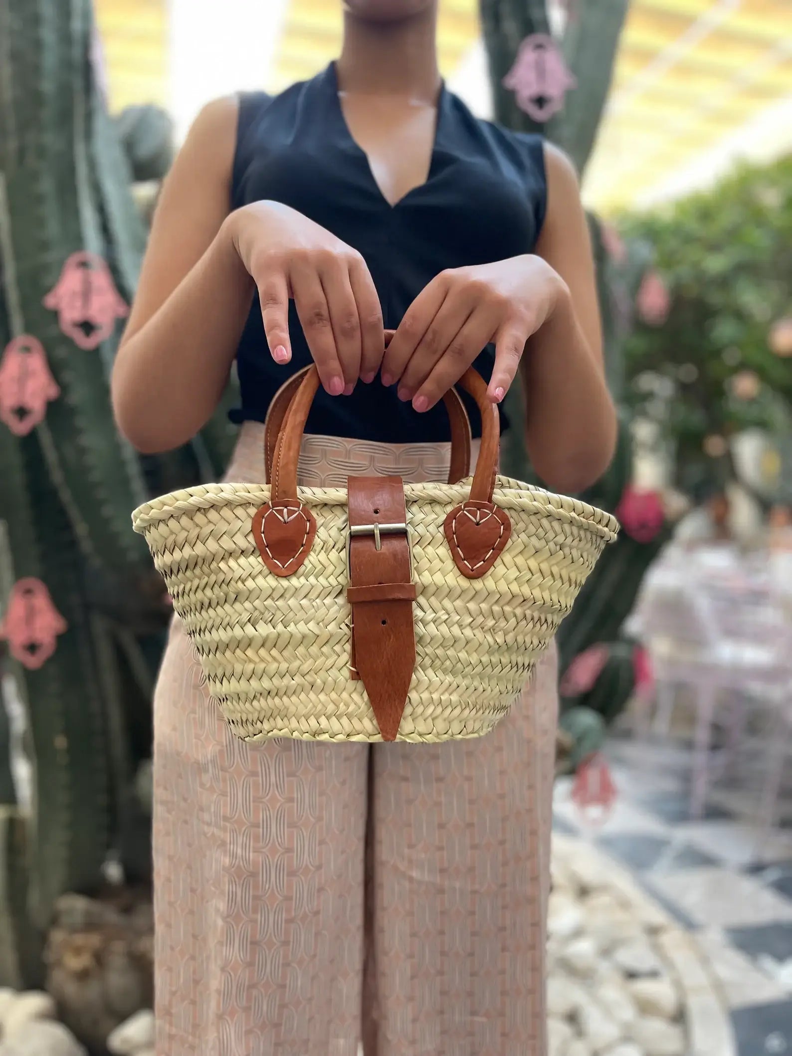 French Market Bags Handwoven Straw Basket Bag with Leather Handles #12