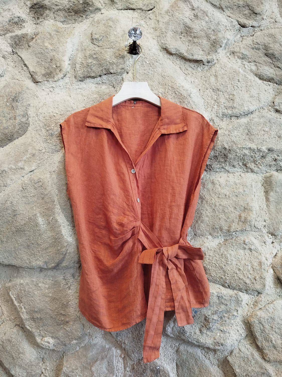 European Linen Sleeveless Top with Side Tie 18771