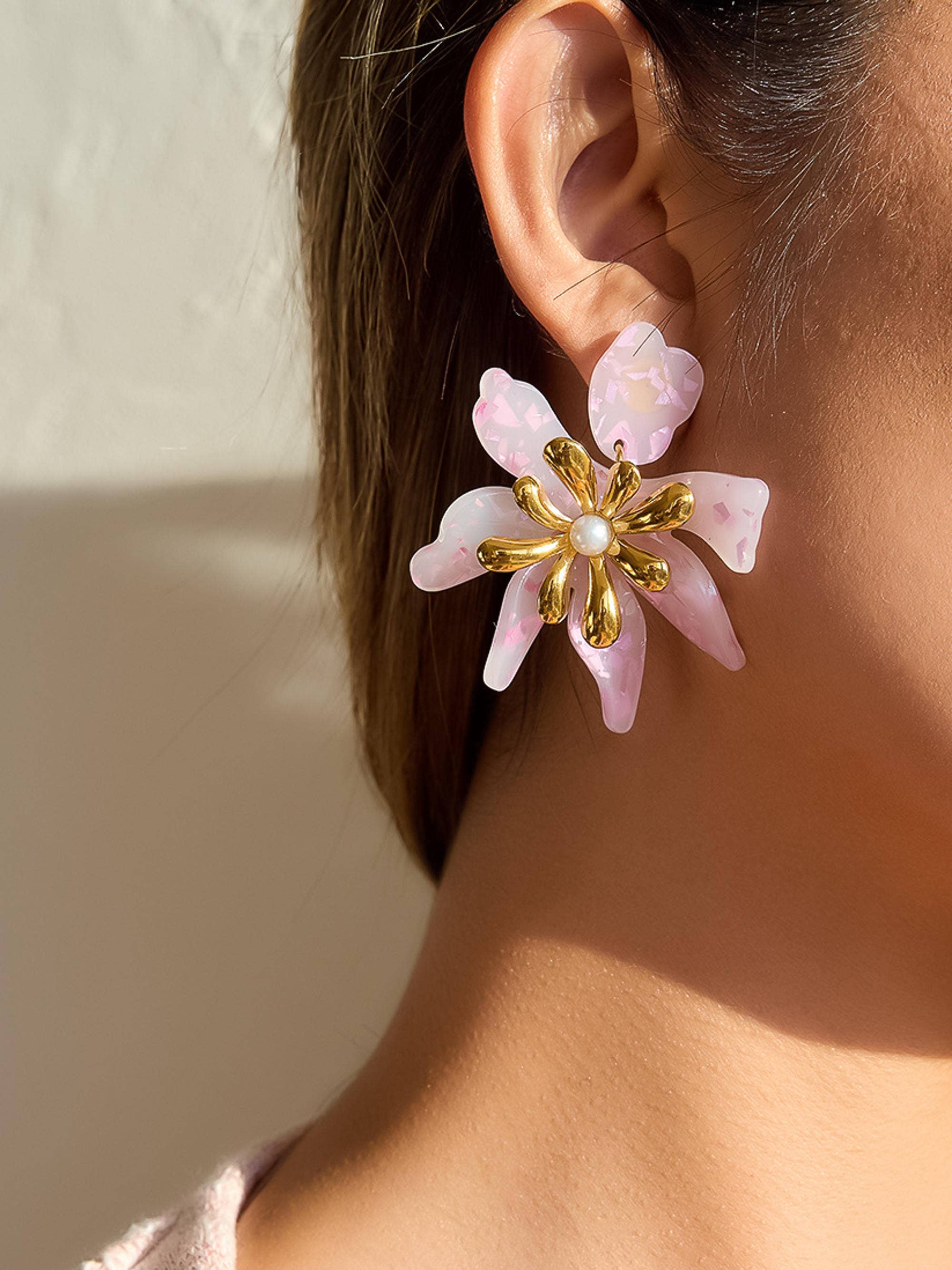 Flânerie Oona 18K Gold Non-Tarnish Pink Floral Statement Earrings