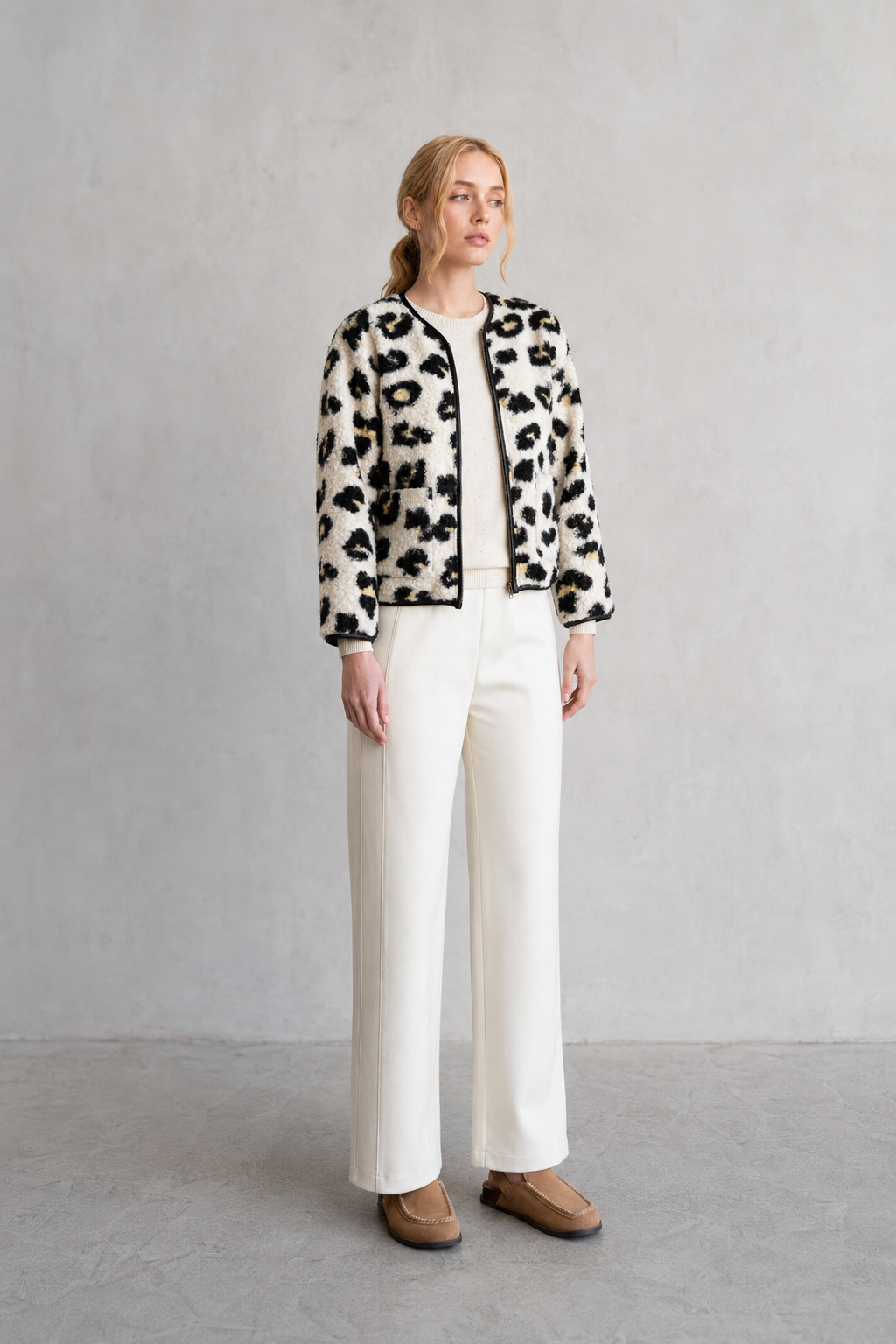 Elle Grey Leopard Faux Collarless Jacket
