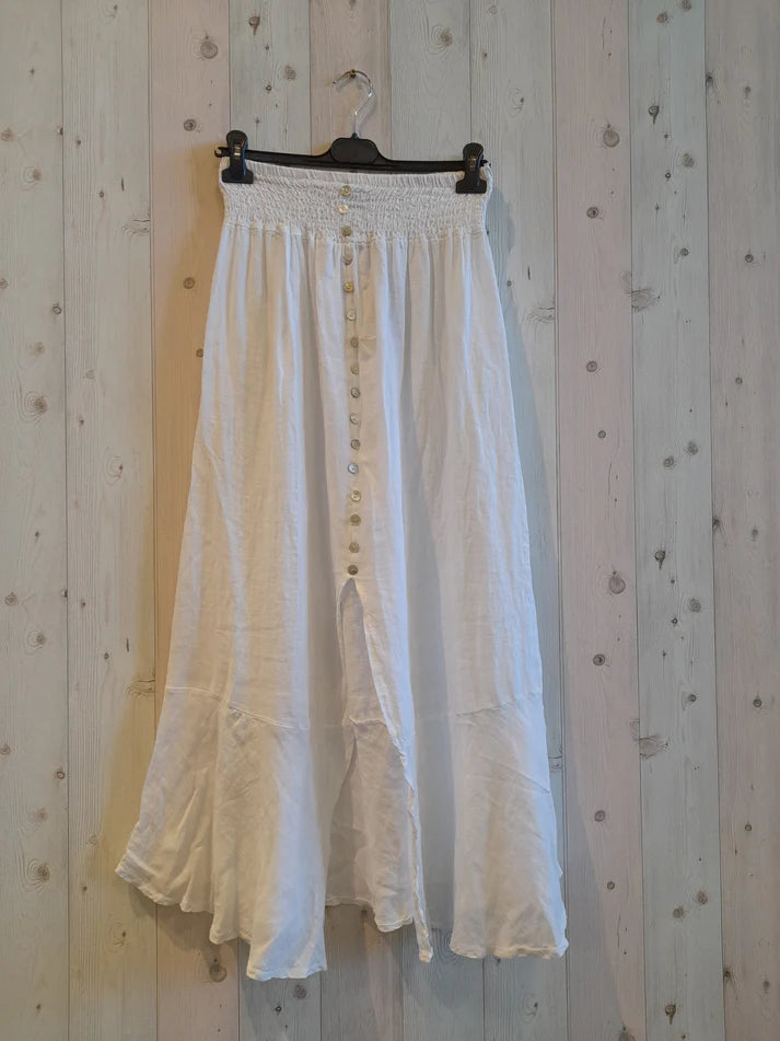 European Linen Skirt with Wide Elastic Waist and Buttons 9565