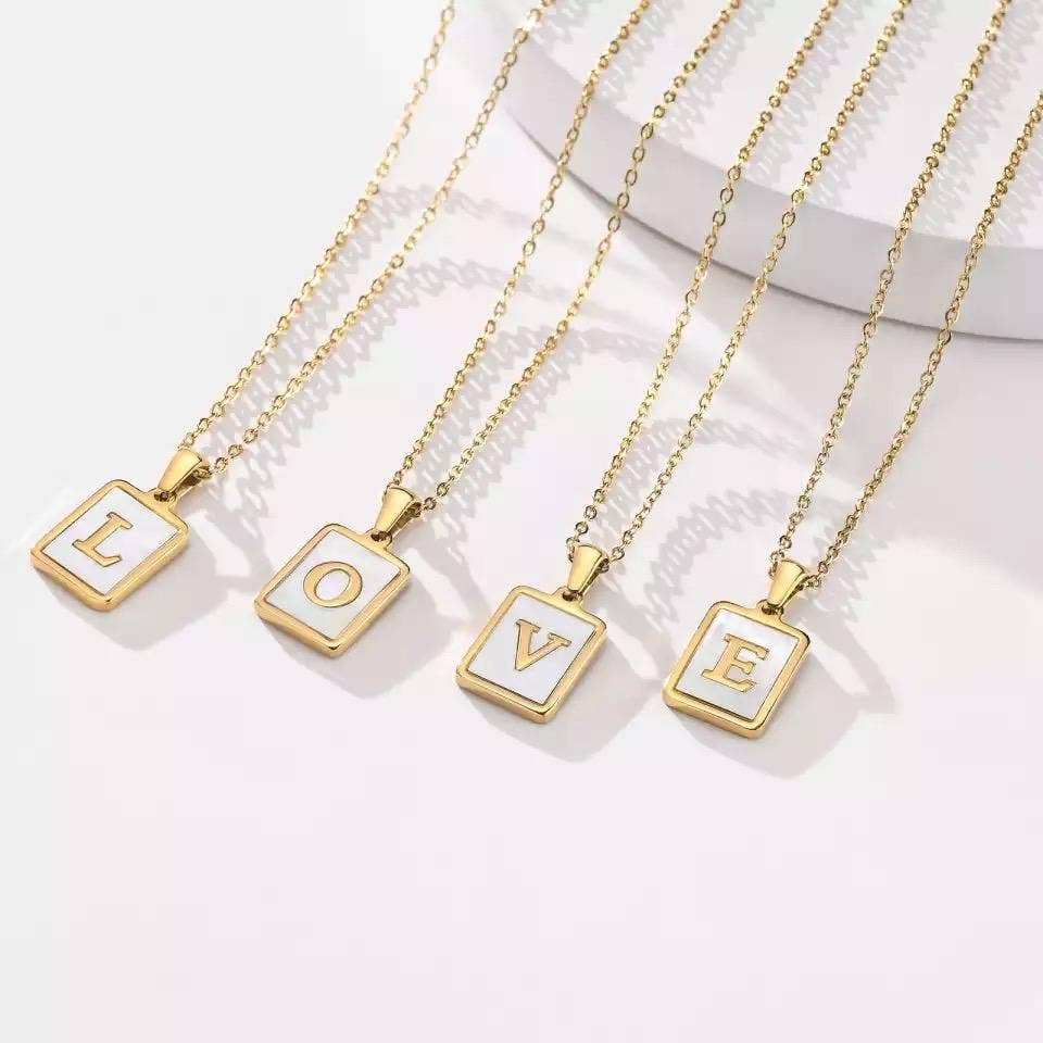 Sahira Mother Of Pearl Initial Card Necklace MOP