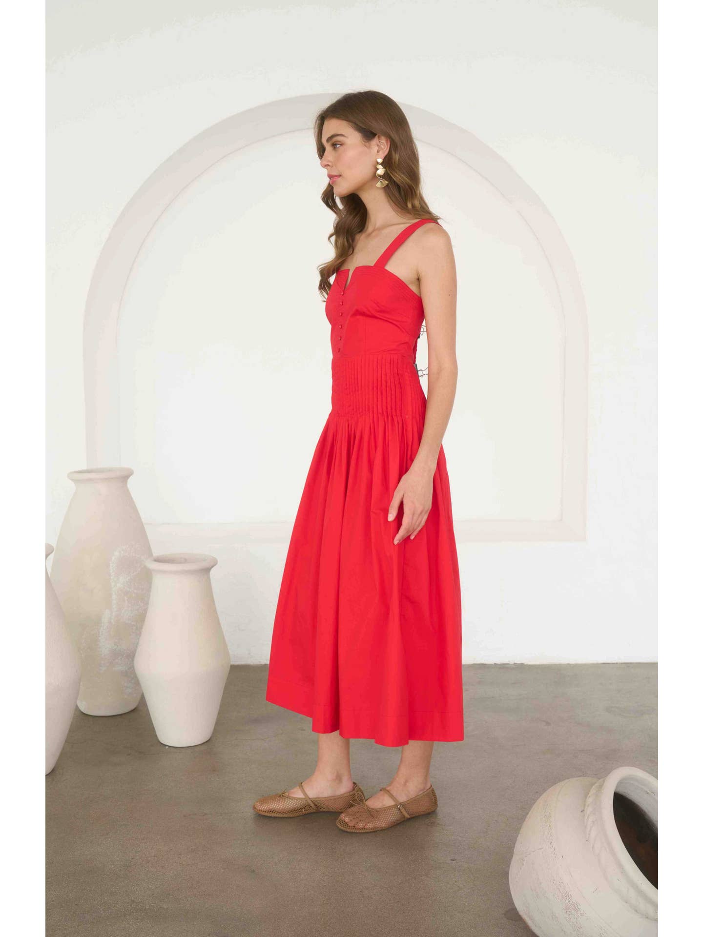 Moon River Button Detail Pleated Waist Sleeveless Midi Dress MR9793