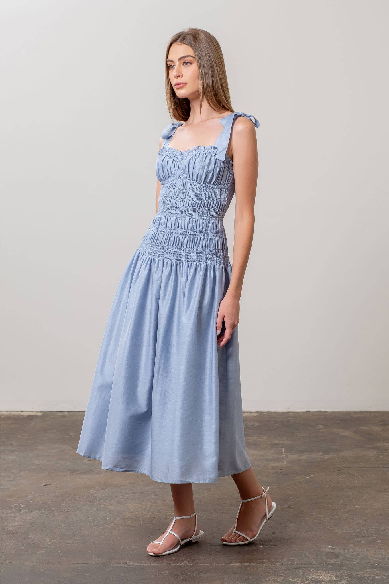 Moon River Shirred Midi Dress