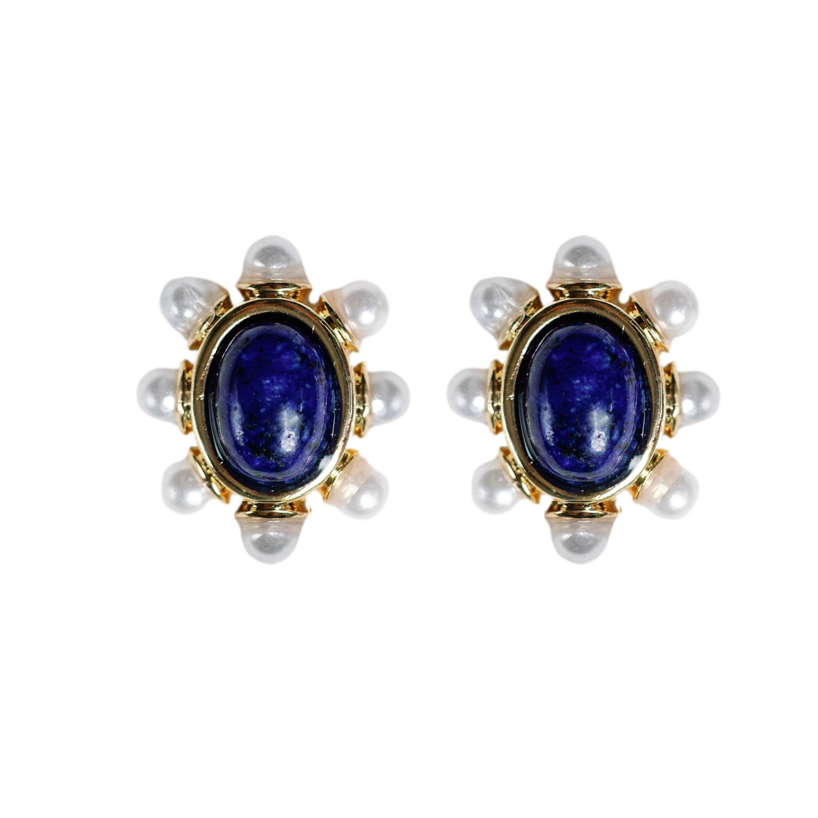 St Armands Blue Lapis and Pearl Oval Stud Earrings SAD312