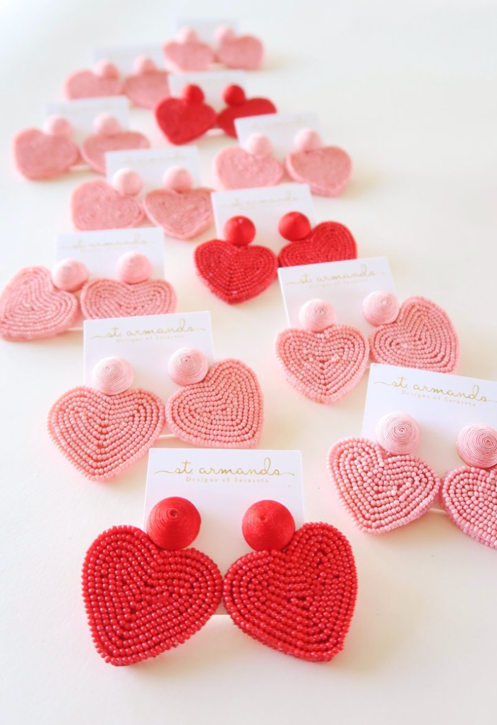 Red Valentines Day Holiday Beaded Heart Statement Earrings
