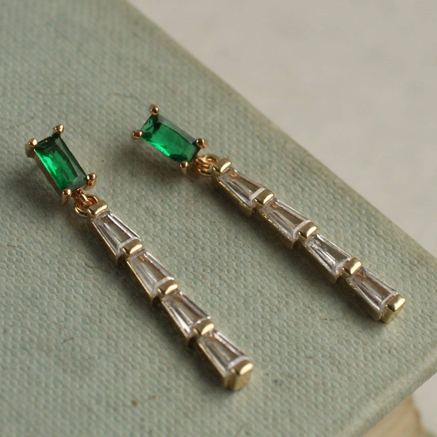 Silk Purse, Sow’s Ear Emerald Baguette Crystal Drop Earrings