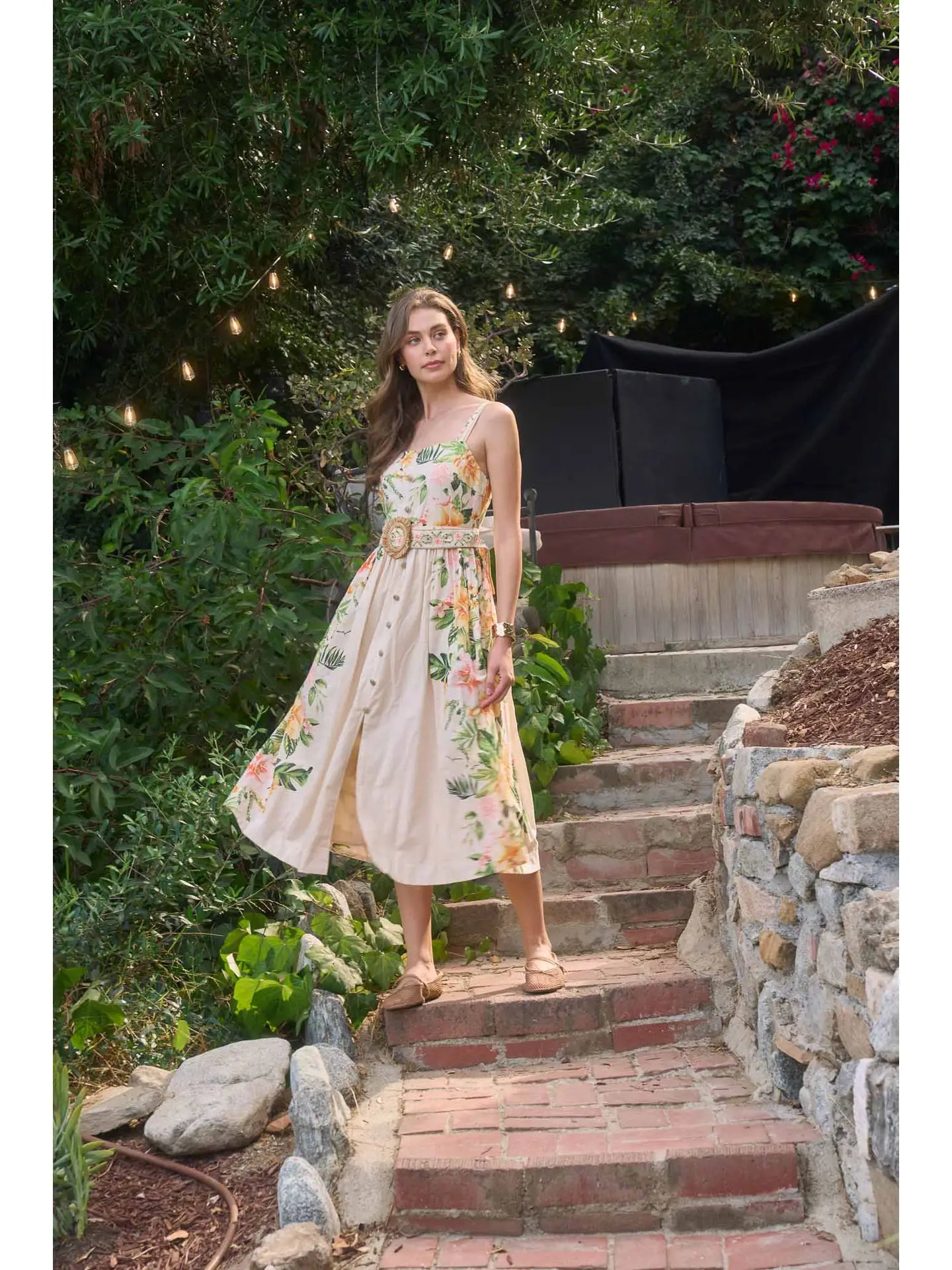 Moon River Sleeveless Square Neck Floral Print Dress with Belt Detail MR9697