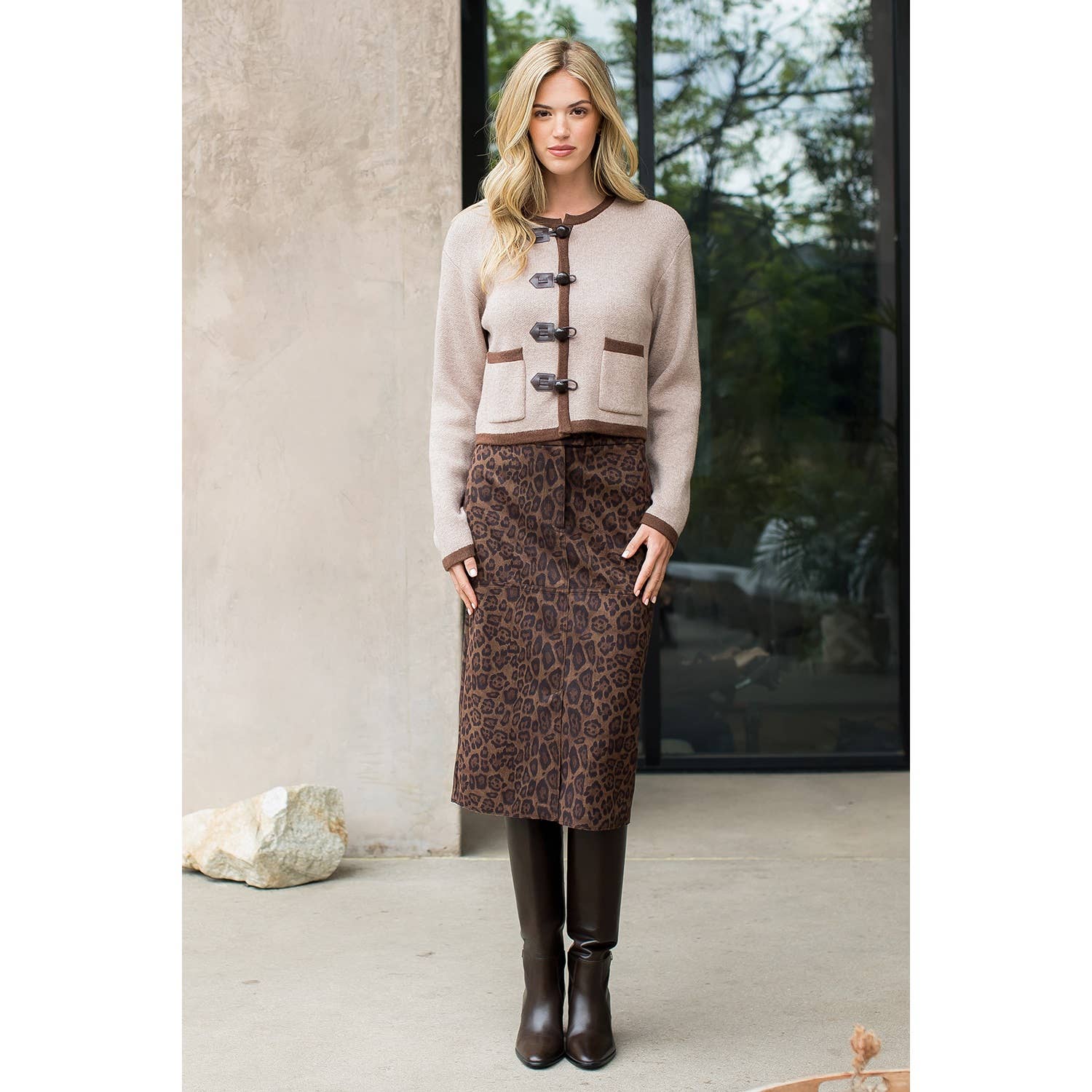 THML Leopard Print Suede Midi Skirt THS1805