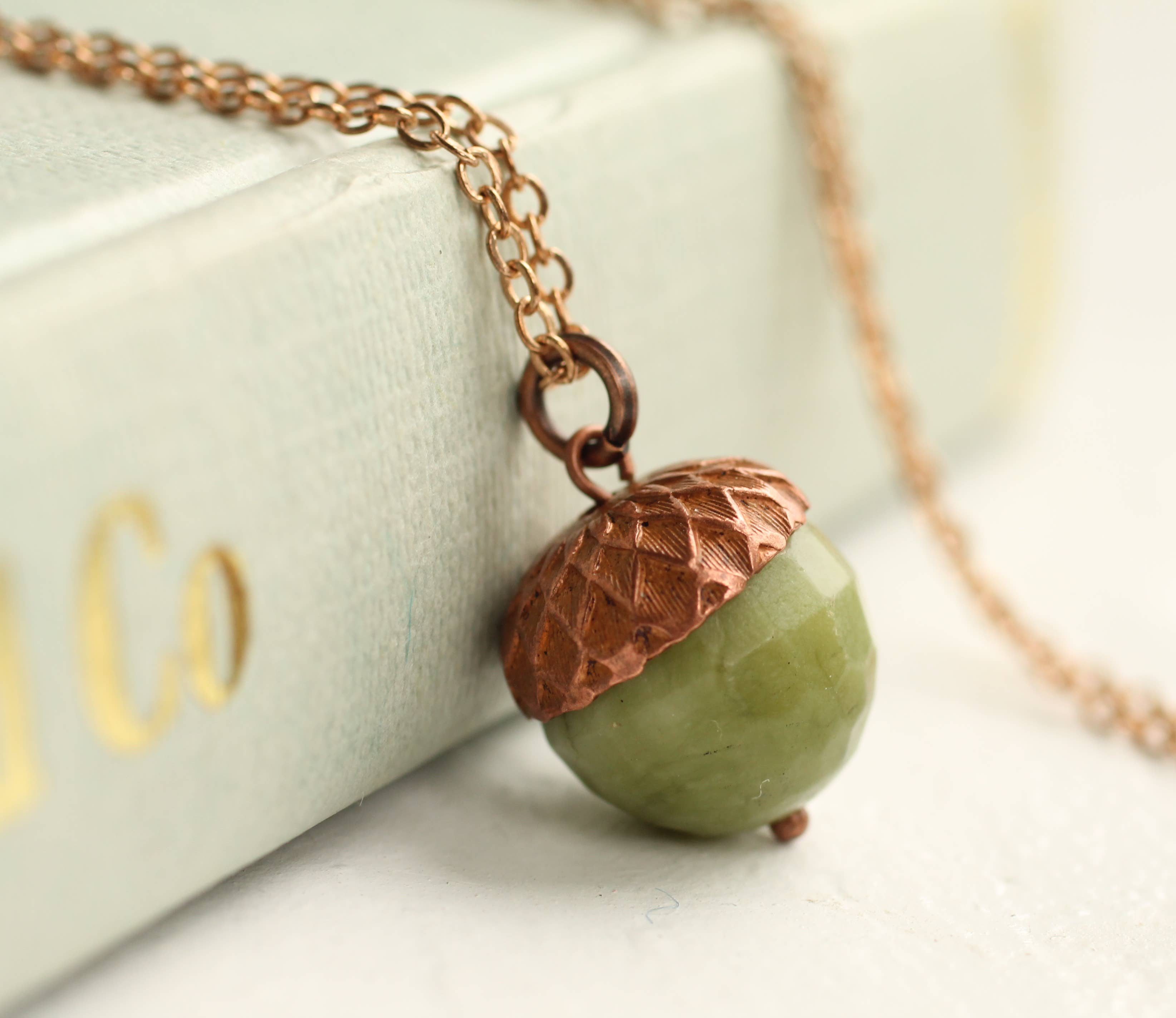 Silk Purse, Sow’s Ear Olive Green Acorn Necklace