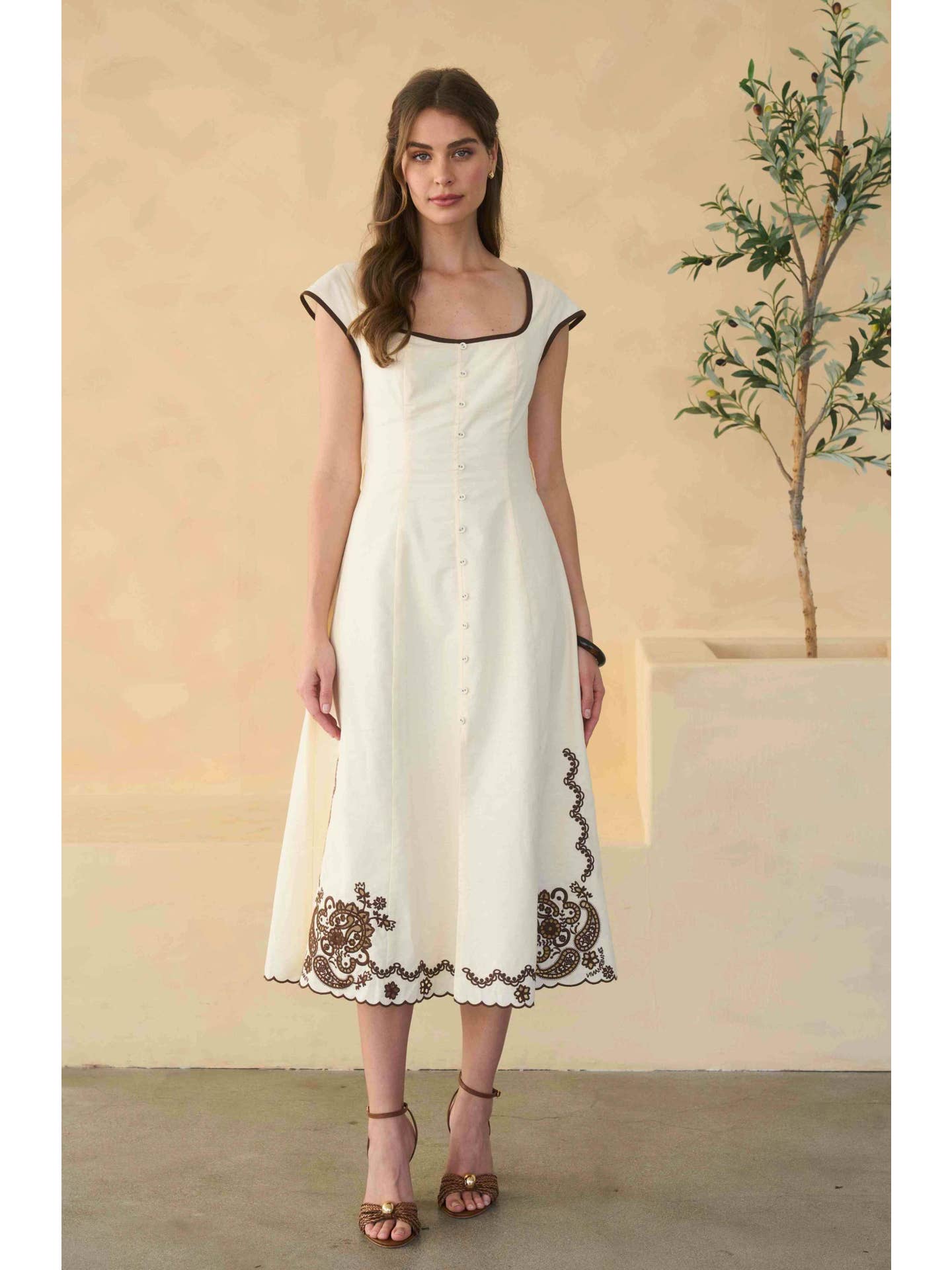 Moon River Embroidery Detail Button Down Midi Dress MR9668