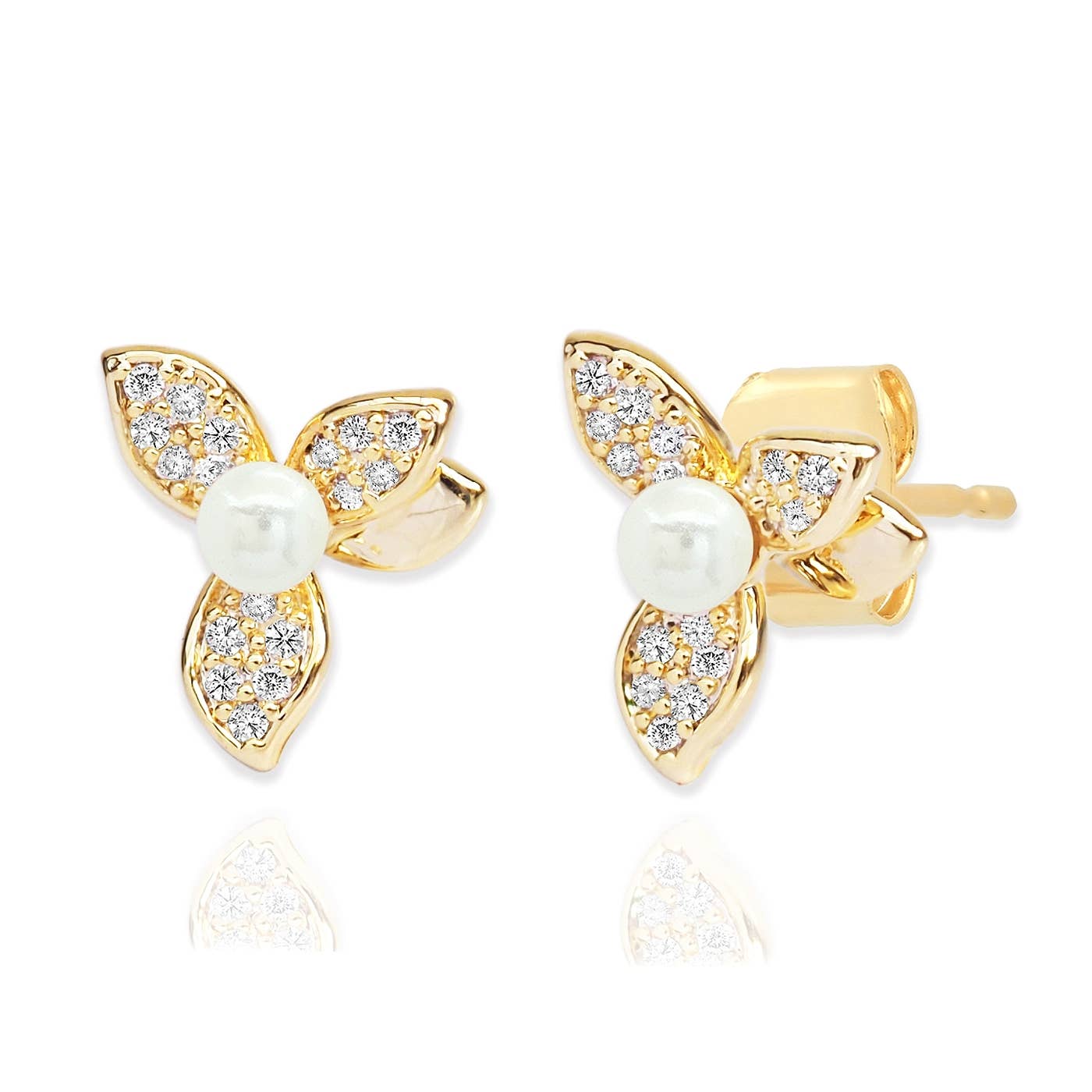 Tai Triple Leaf Pave' And Pearl Studs TJE-358