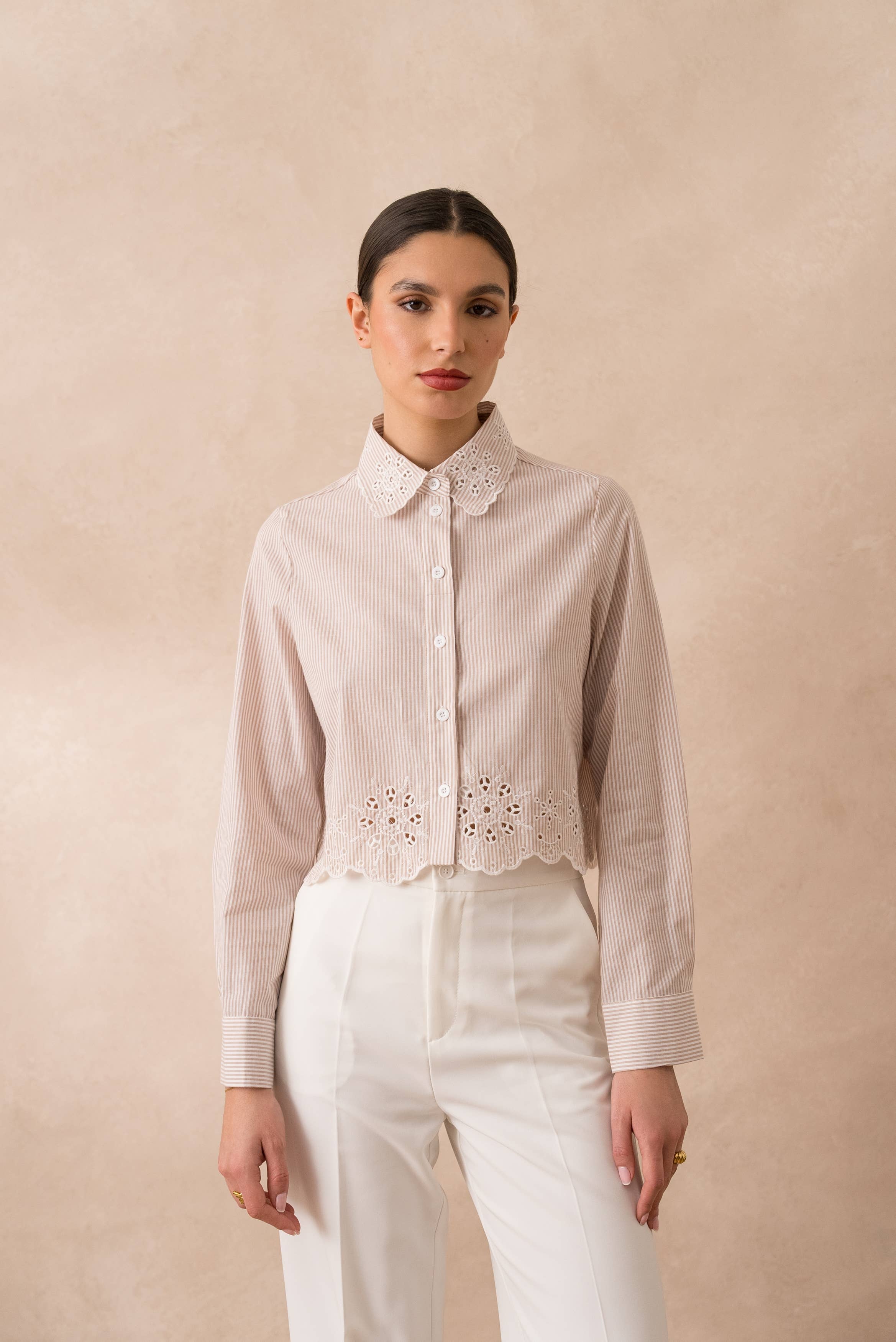 European Collection - Striped & Eyelet Cropped Shirt