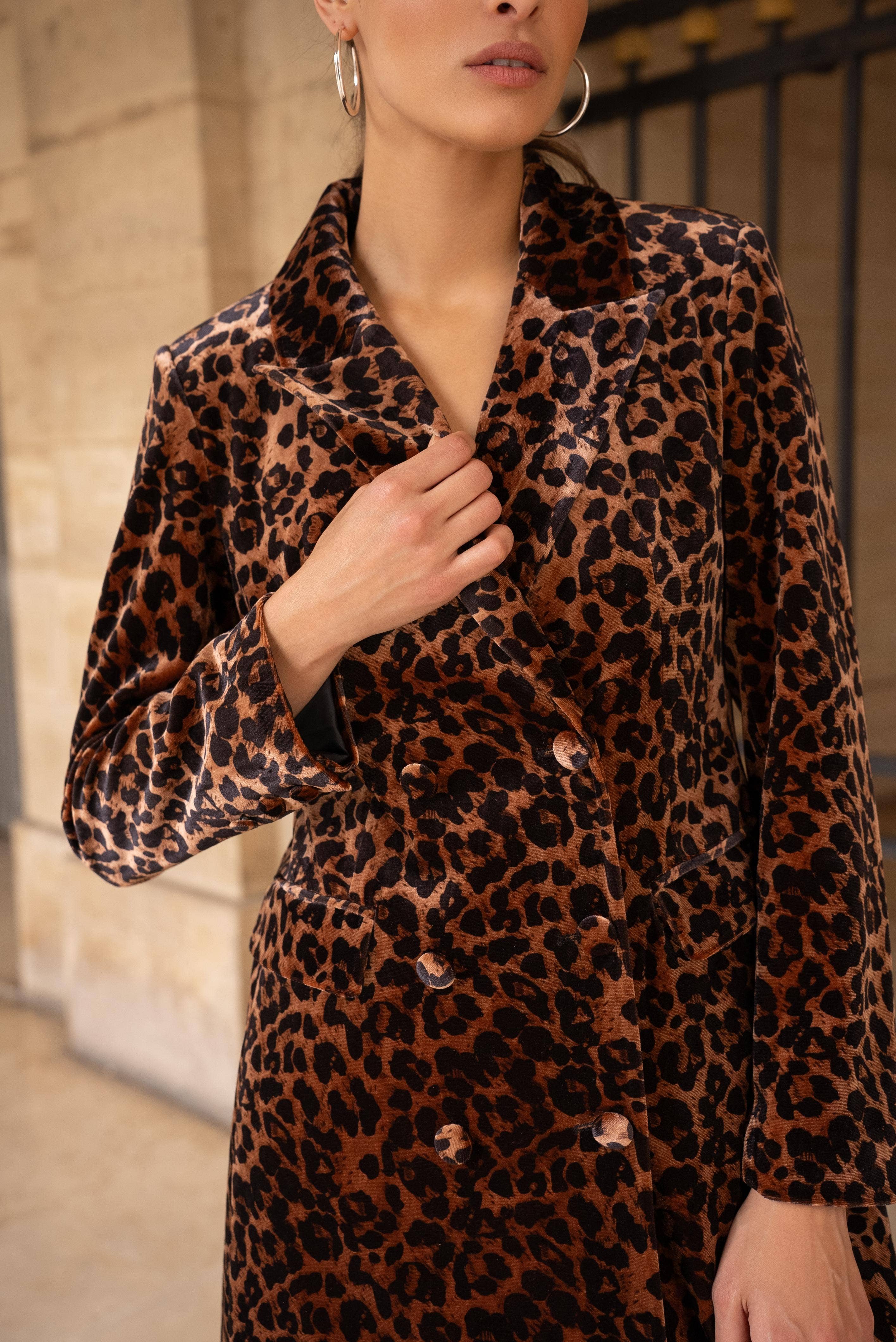 European Collection Tie Waist Leopard Velvet Dress Jacket