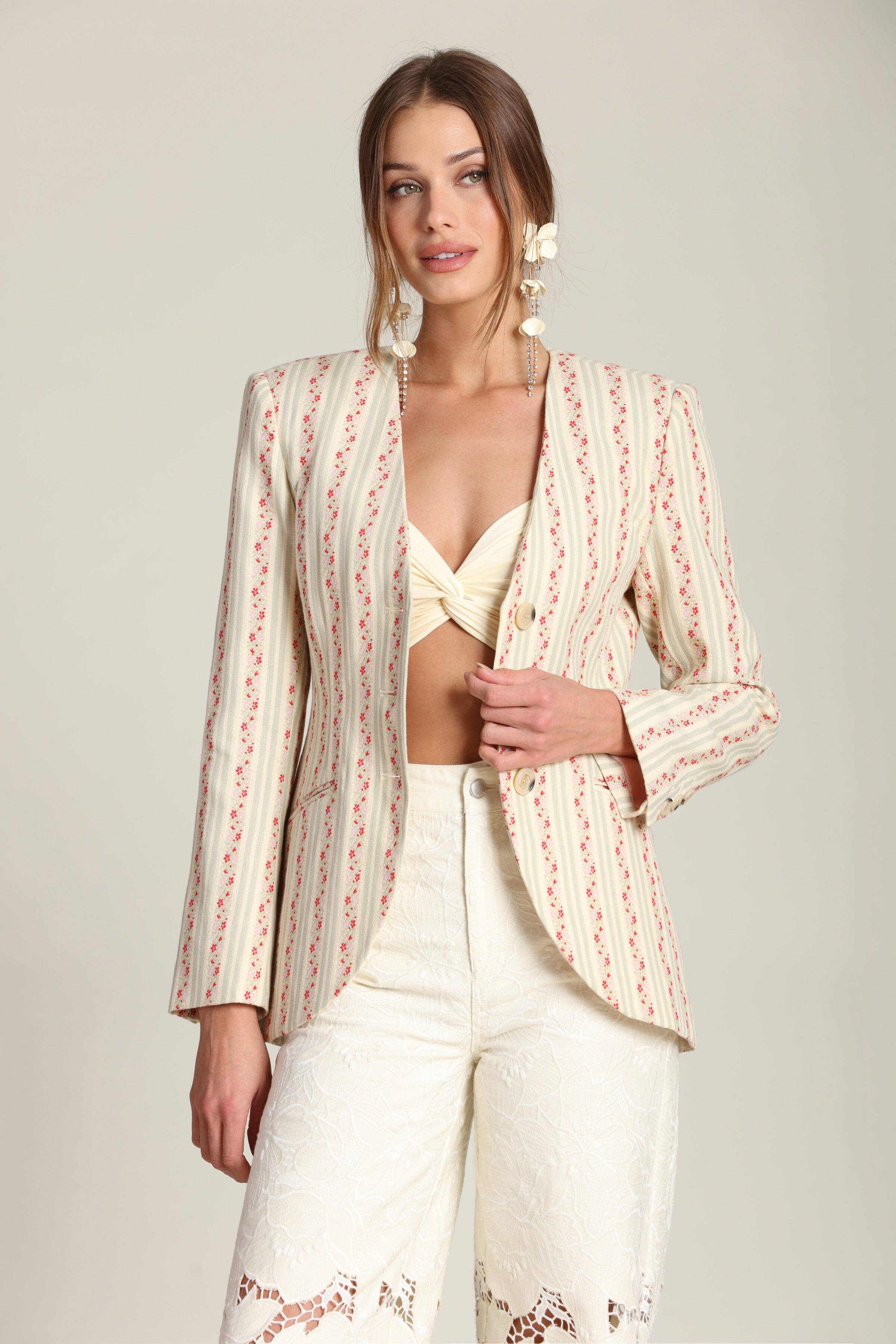 Avec Les Filles Floral Stripe Linen Blend Blazer
