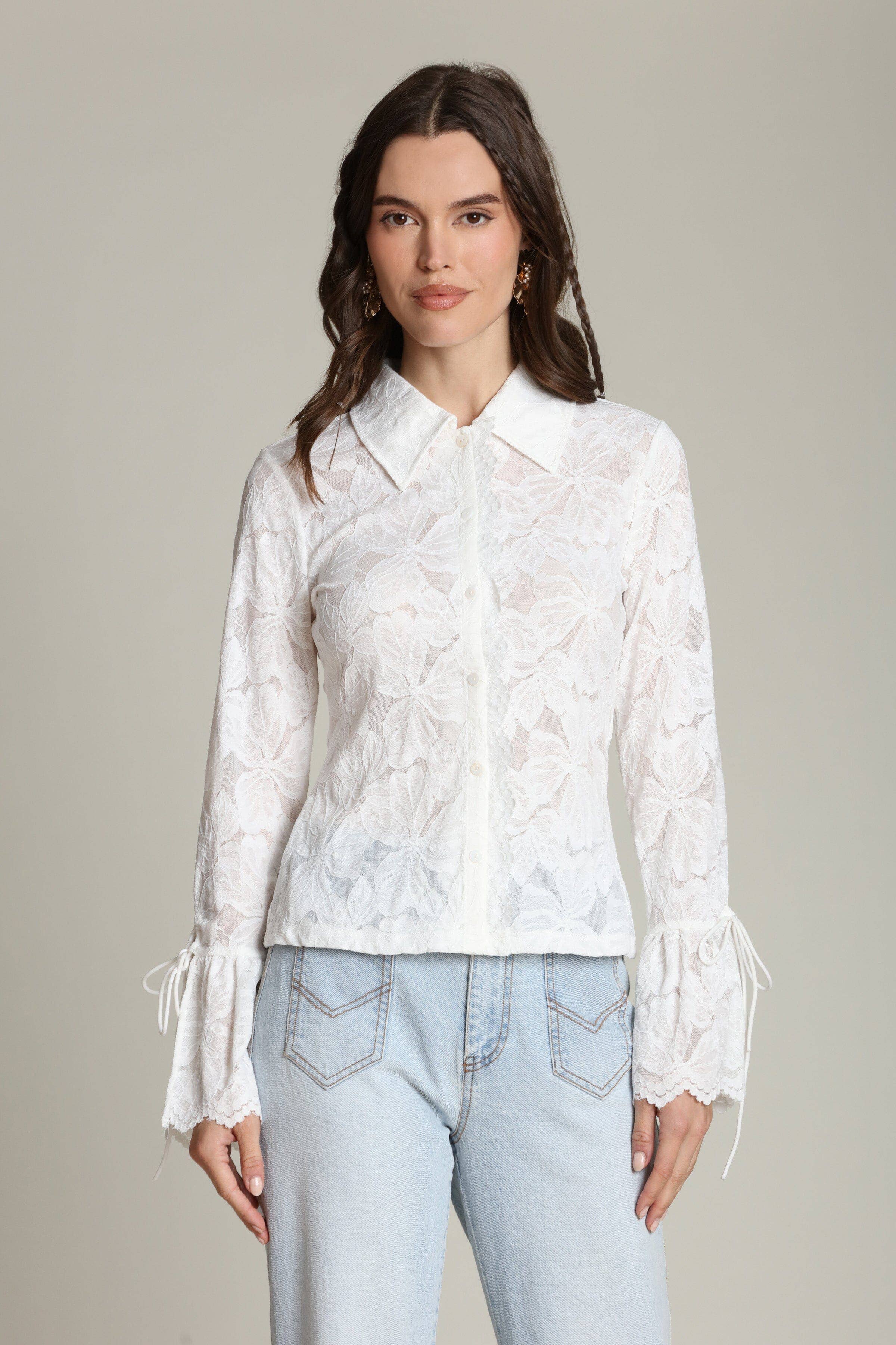 Avec Les Filles Sheer Lace Tie Cuff Shirt