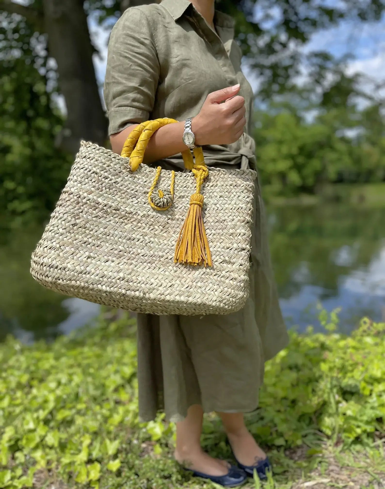 French Market Bags Straw Tote Bag with Leather Straps