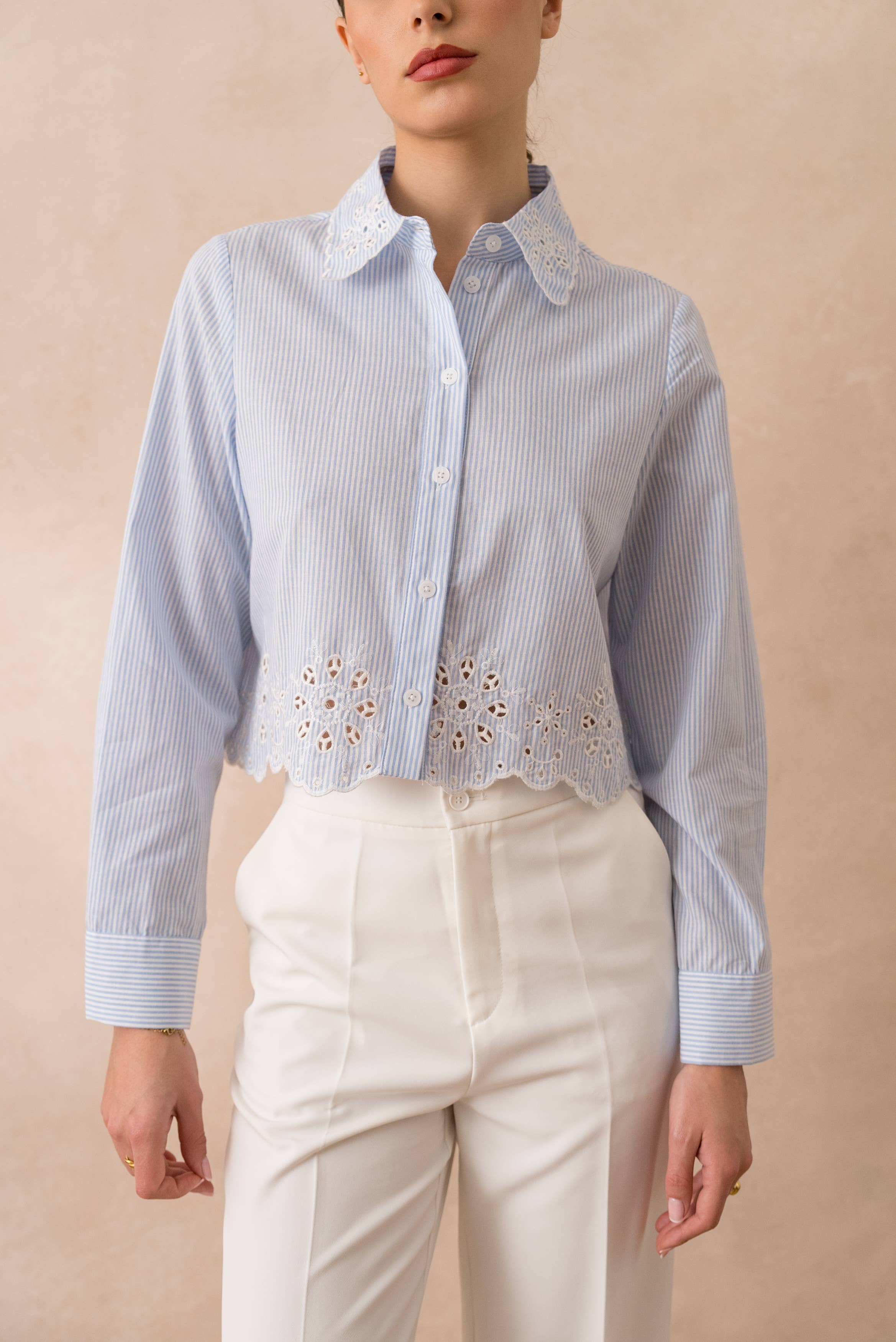 European Collection - Striped & Eyelet Cropped Shirt