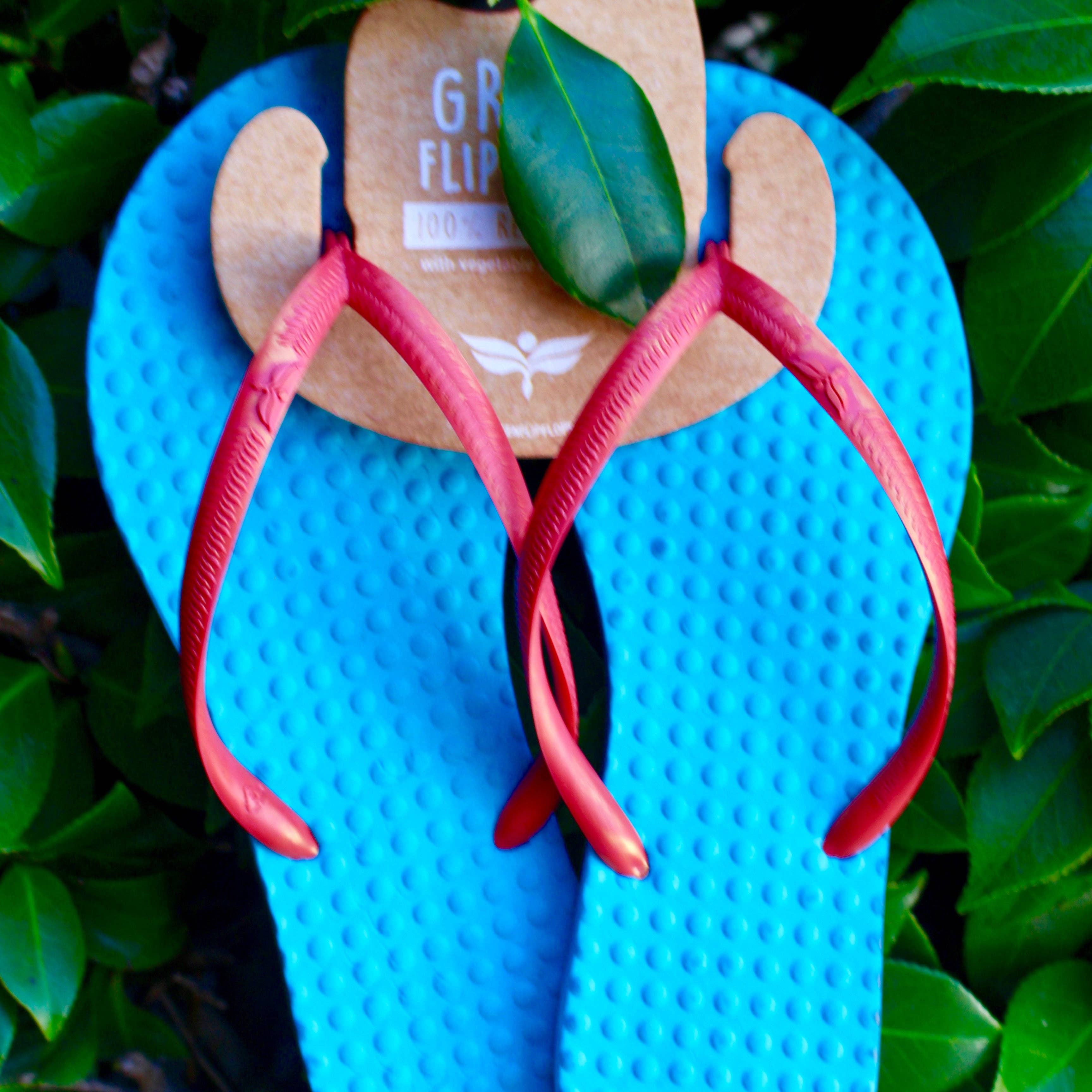 Green Sustainable Flip Flops Turquoise with Watermelon Straps