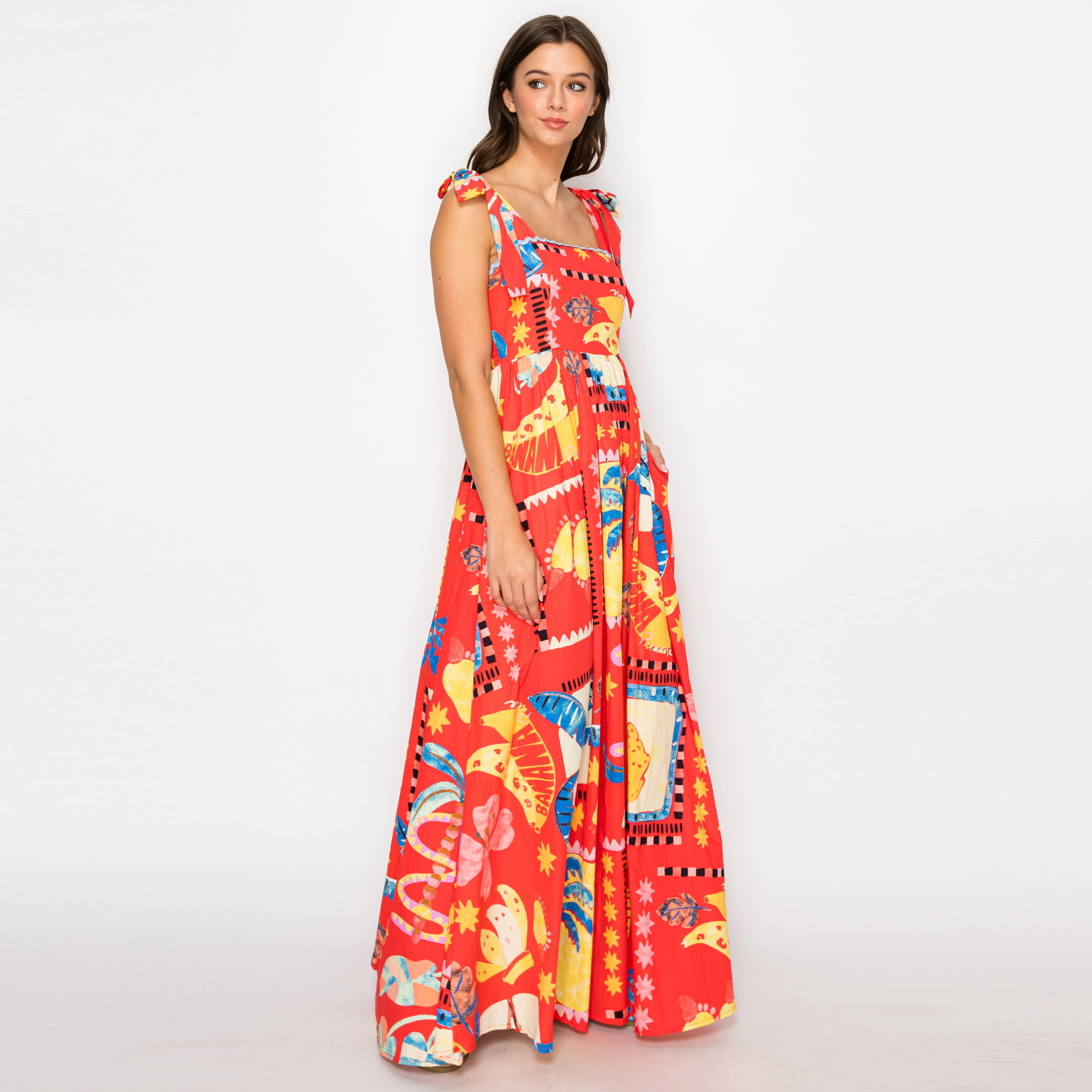 LoveWednesday Retro Red Tropical Maxi Dress