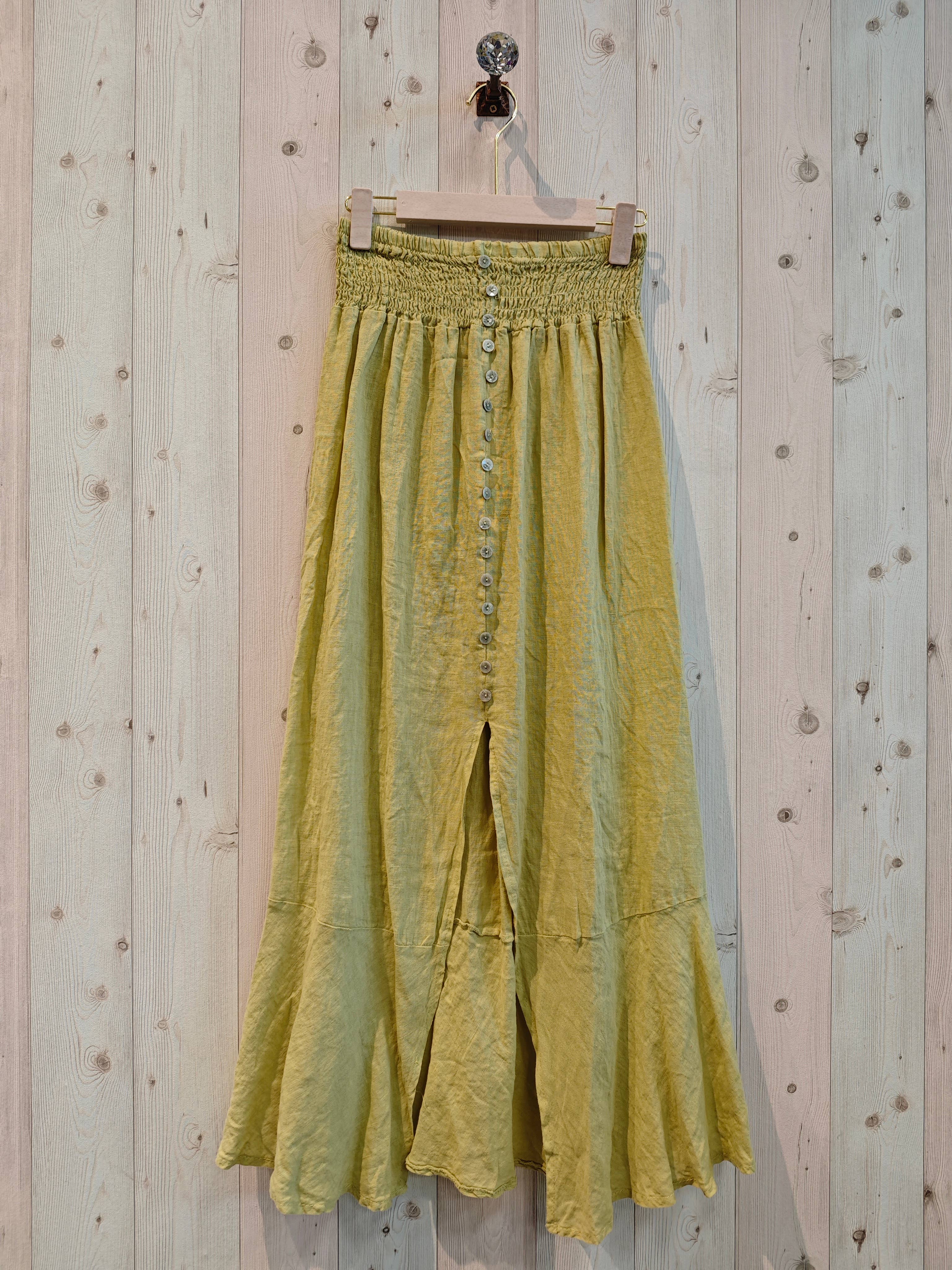 European Linen Skirt with Wide Elastic Waist and Buttons 9565