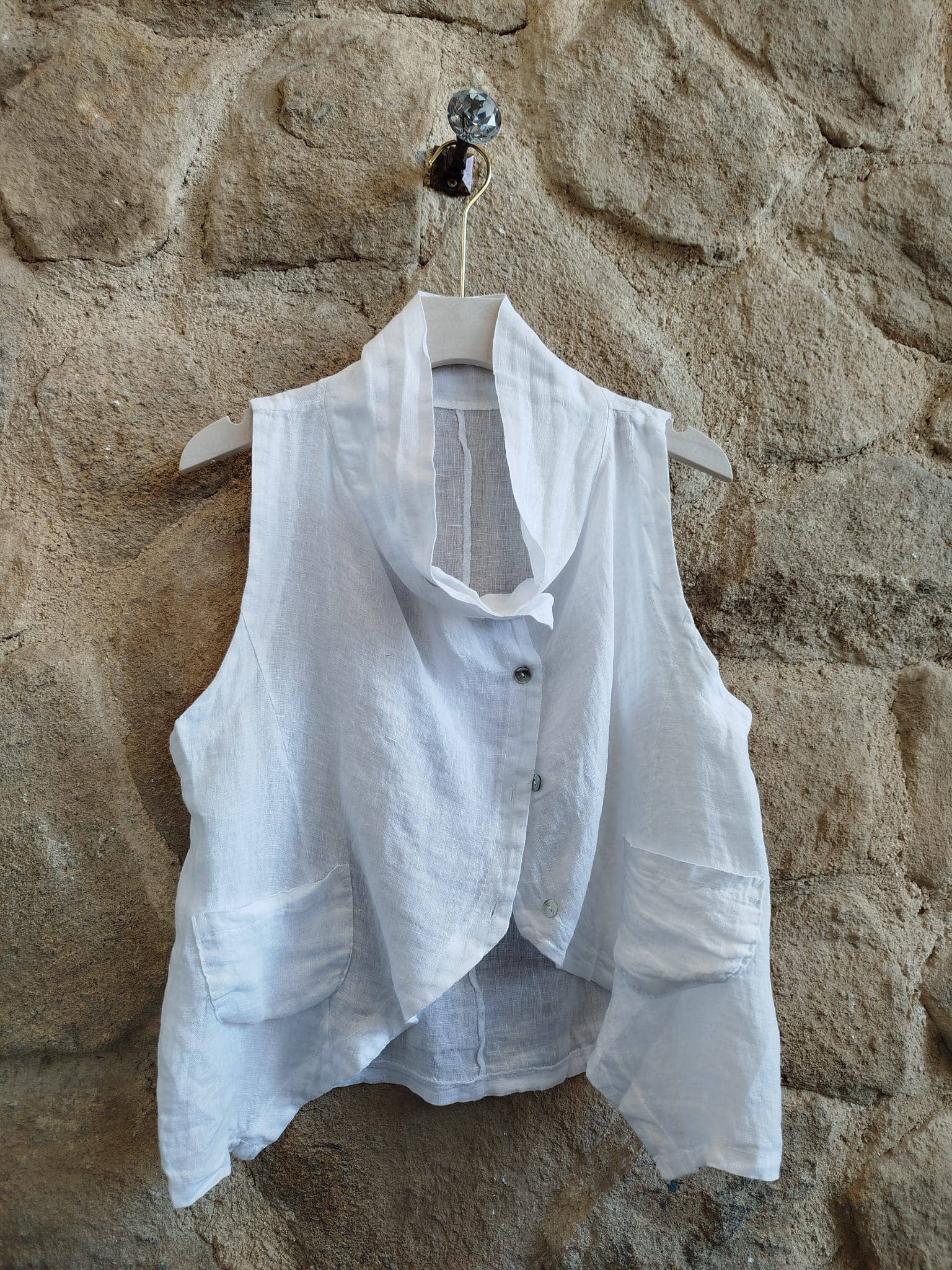 European Linen Button Front Cowl Collar Vest 8178