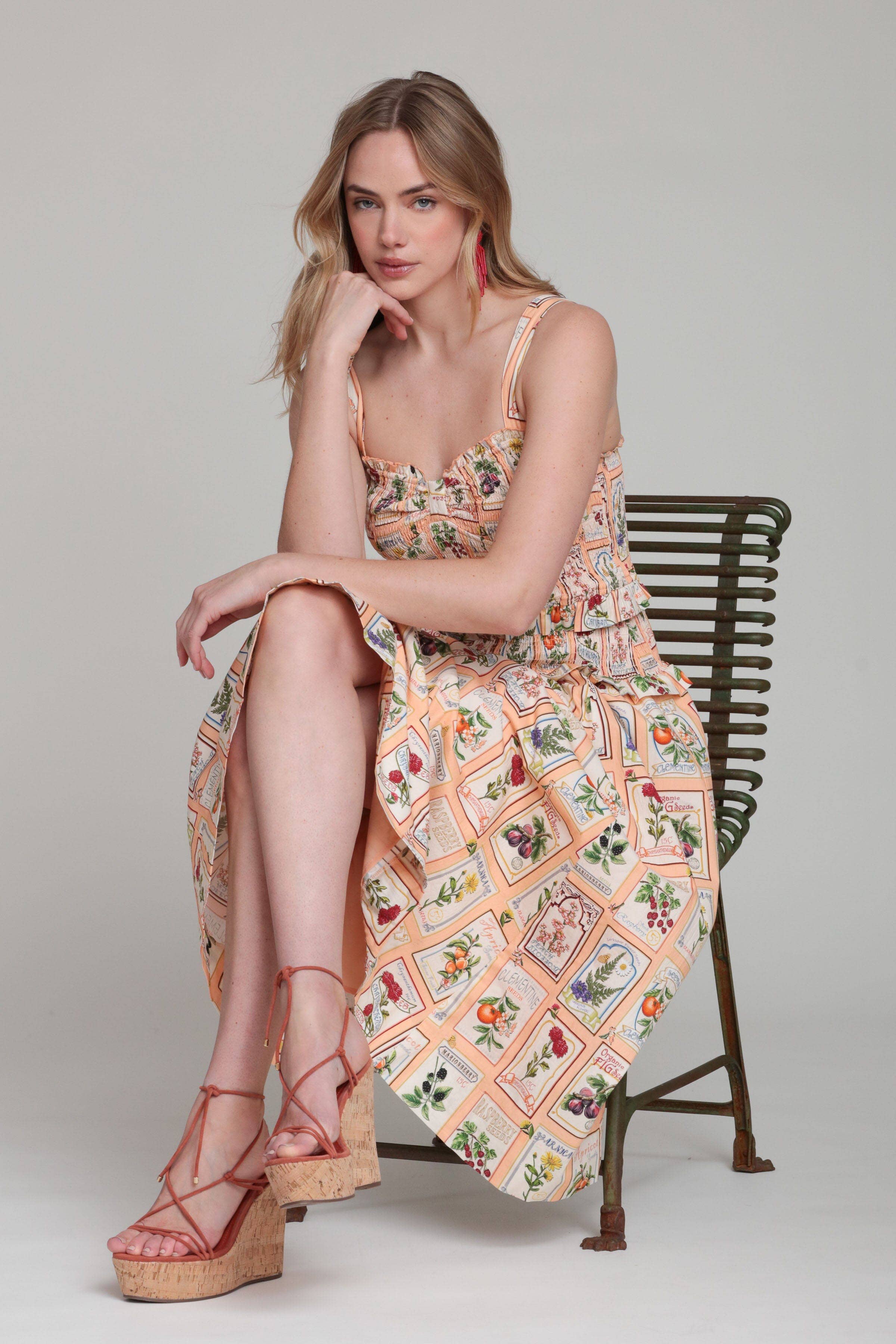 Avec Les Filles Cotton Fruit Floral Smocked Midi Dress