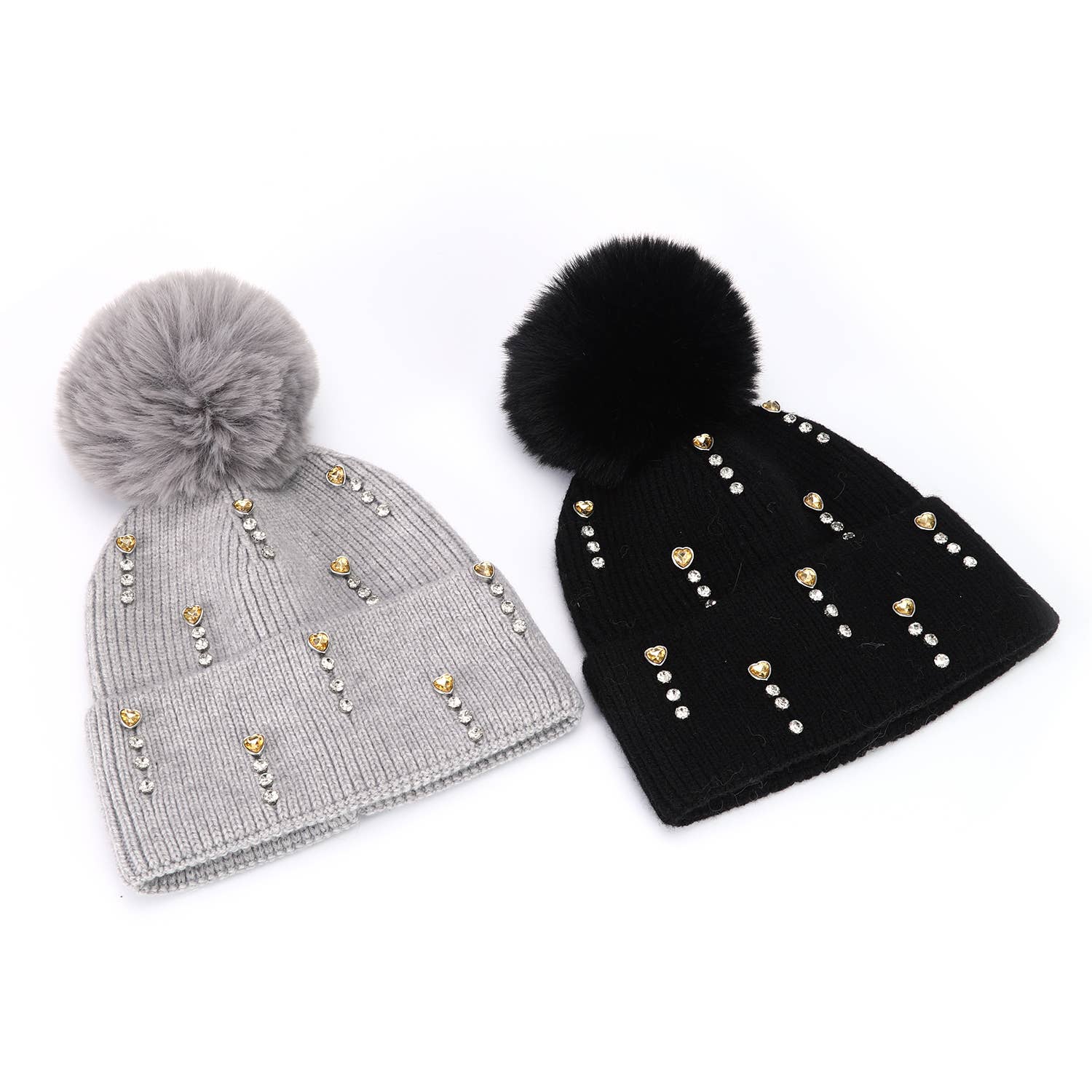 Thames Collection Crystal and Hearts Wool Hat with Faux Pom