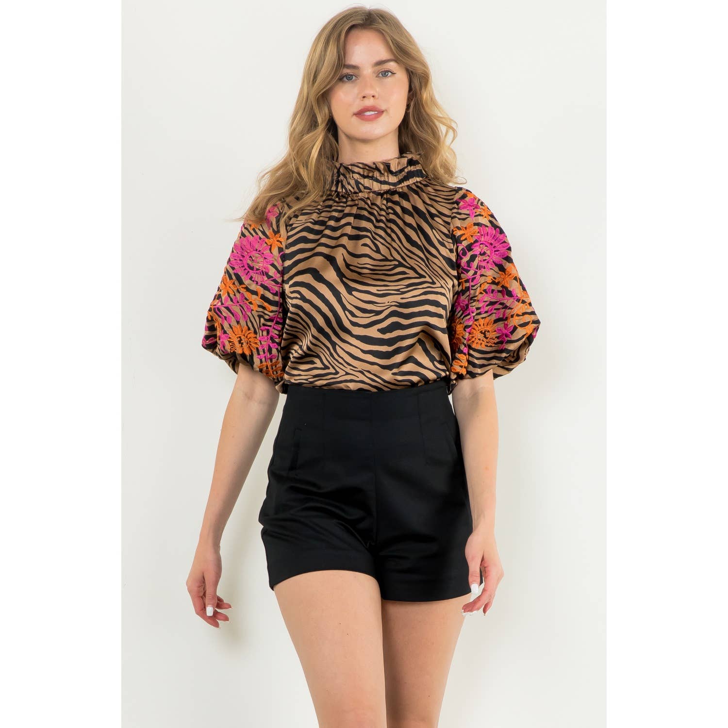 THML Embroidered Puff Sleeve Print Top