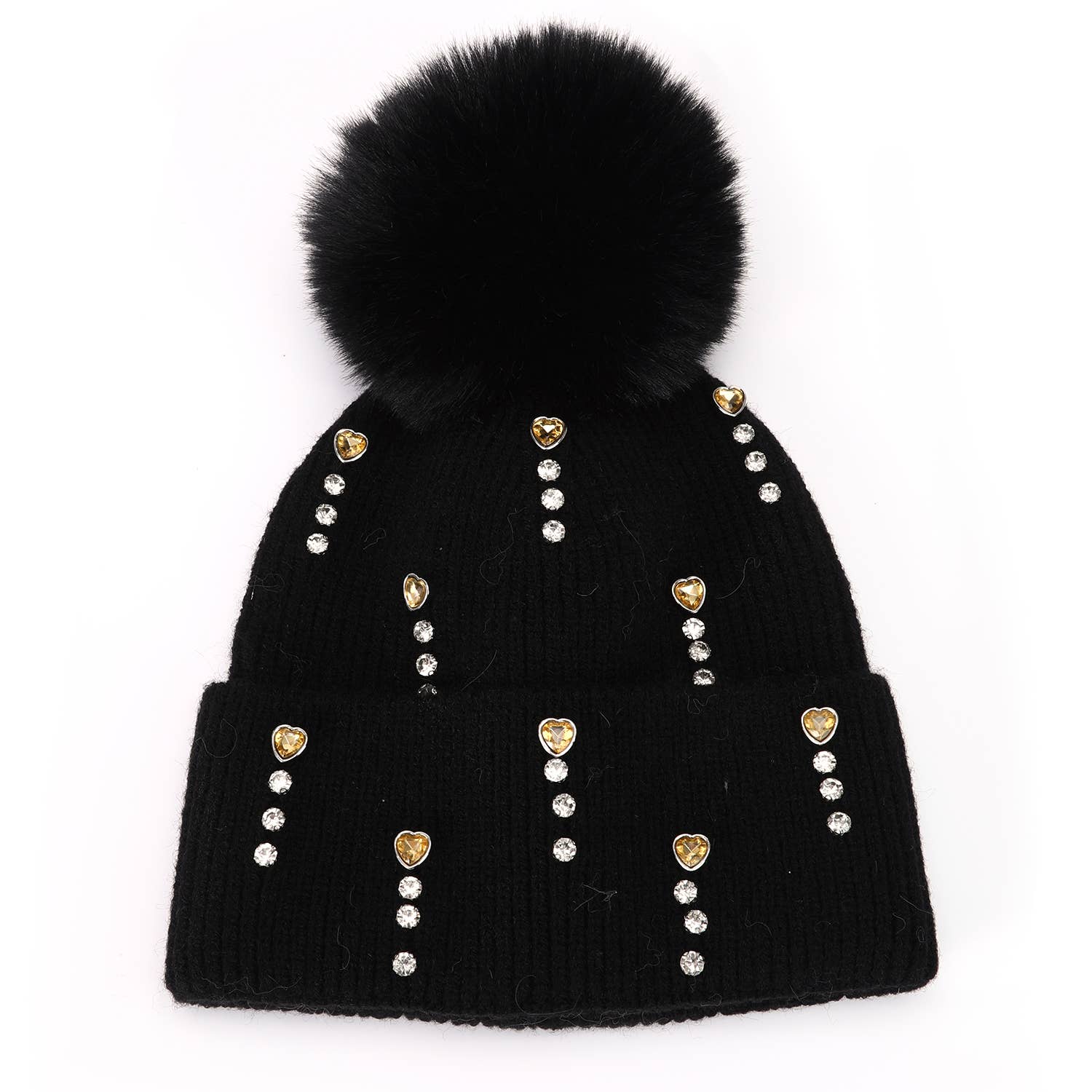 Thames Collection Crystal and Hearts Wool Hat with Faux Pom