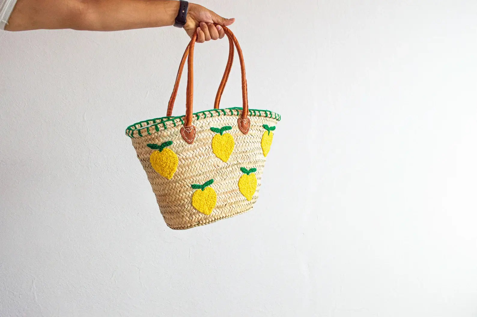French Market Bags Basket With Lemon Embroidery and Leather Handles