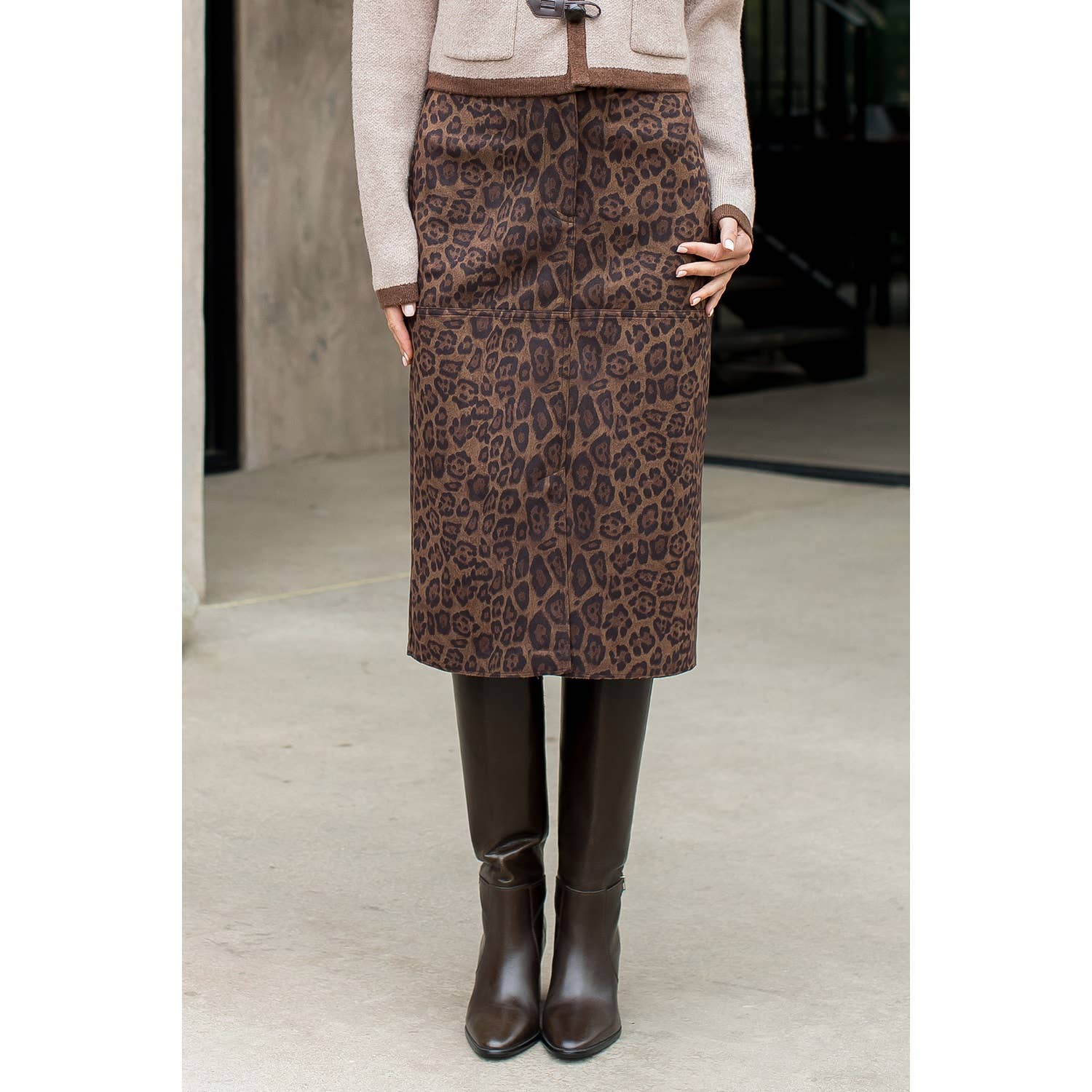 THML Leopard Print Suede Midi Skirt THS1805